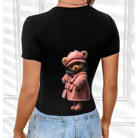 RMK Kurzarmshirt Damen T-Shirt kurzarm Top Sommer Rundhals süßer Teddybär Bär Brille aus Baumwolle, mit lizenziertem Originaldesign