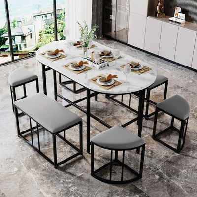 Fangqi Esstisch 140x70x76cm großes Esstisch-Set,4 kleinen Hockern und 2 großen Hockern (Set, siebenteiliges Esstischset im modernen Stil, geeignet für Restaurants, Wohnzimmer, Büros, Essbars, Bars, Der Hocker kann platzsparend unter dem Tisch verstaut werden, Modernes,multifunktionales,siebenteiliges Esstisch Set, sechs Hockern), Einfach zu verstauen und platzsparend