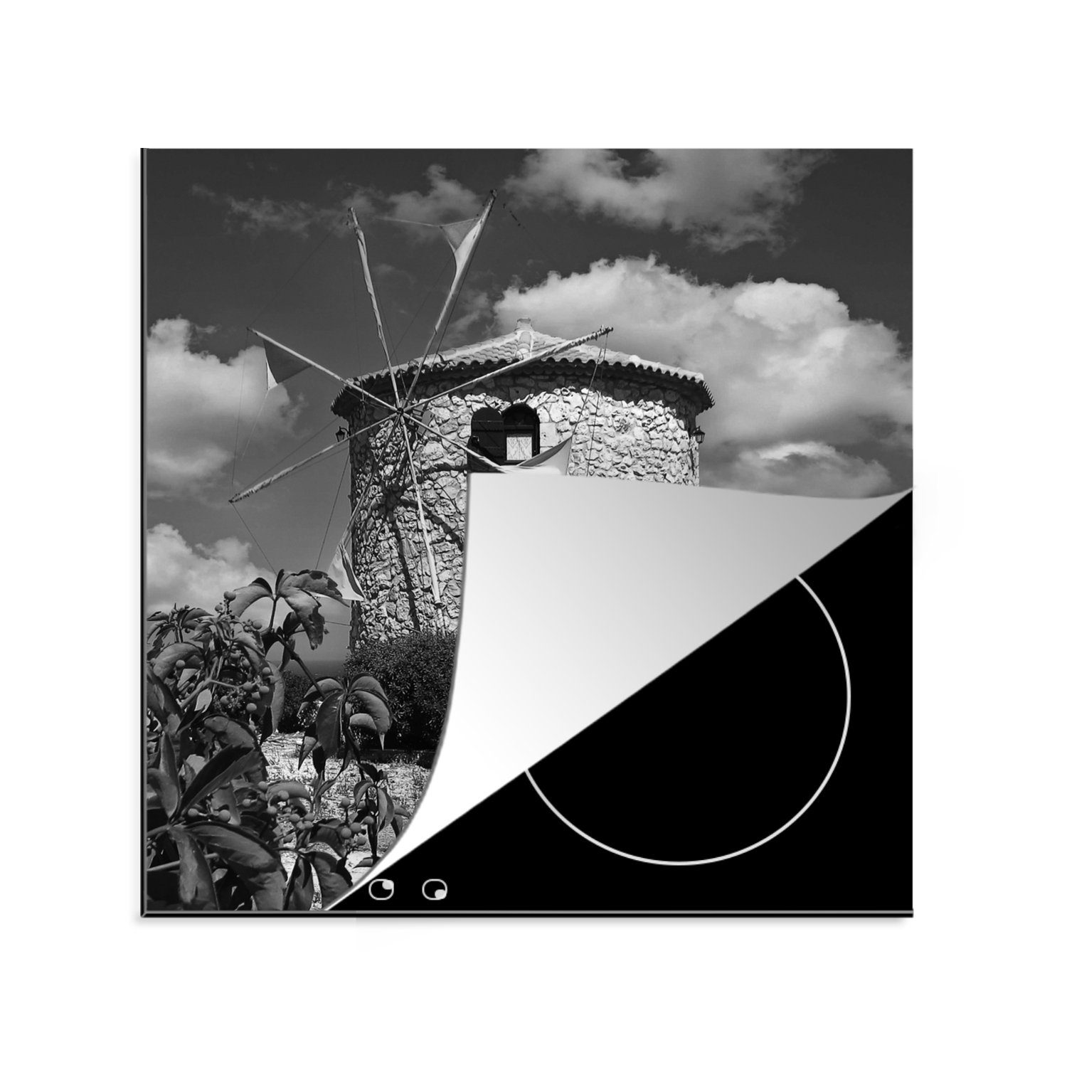 MuchoWow Herdblende-/Abdeckplatte Zakynthos - Windmühle - Schwarz - Weiß, Vinyl, (1 tlg), 78x78 cm, Ceranfeldabdeckung, Arbeitsplatte für küche