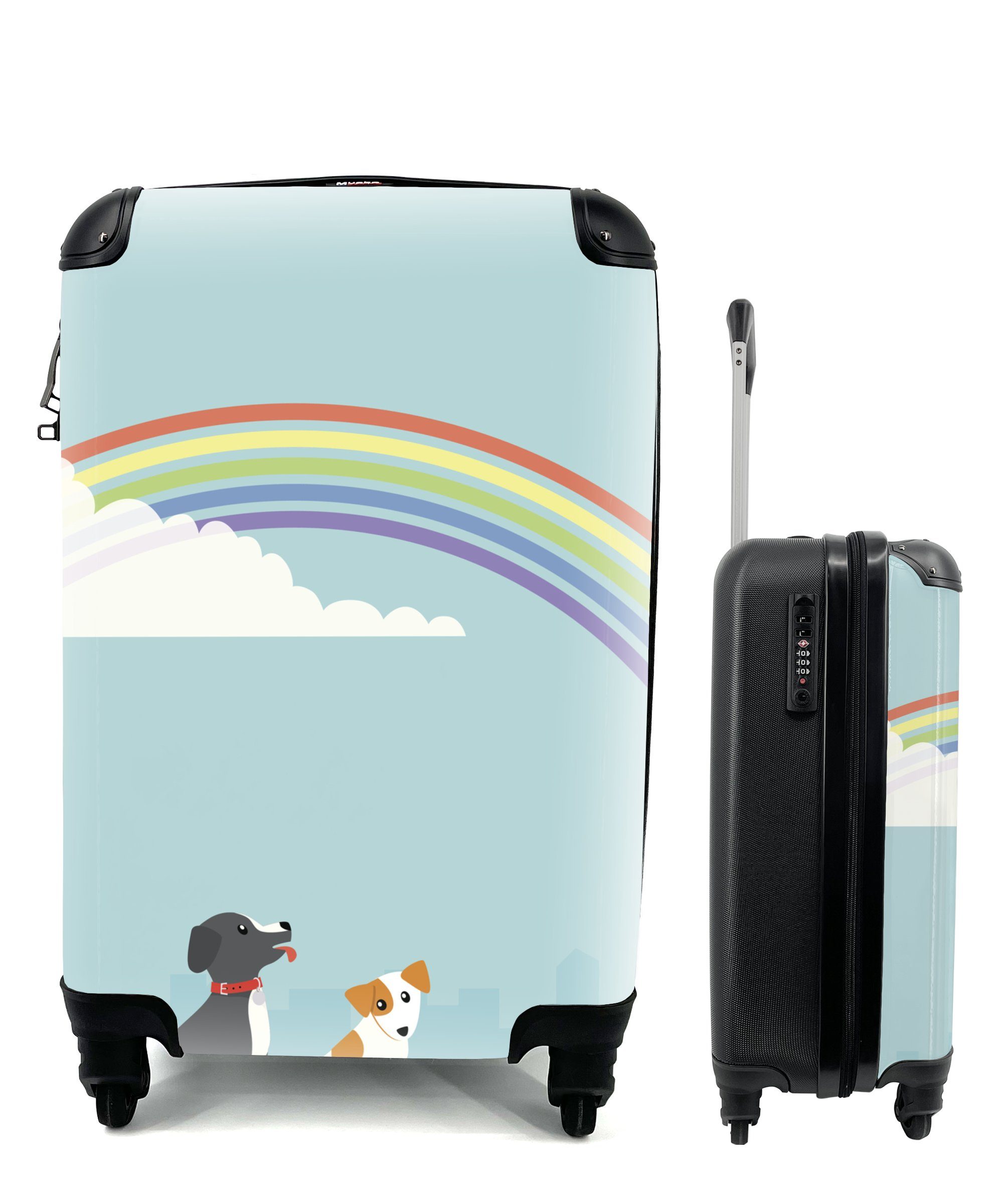 MuchoWow Handgepäckkoffer Eine Illustration von zwei Hunden unter einem Regenbogen, 4 Rollen, Reisetasche mit rollen, Handgepäck für Ferien, Trolley, Reisekoffer