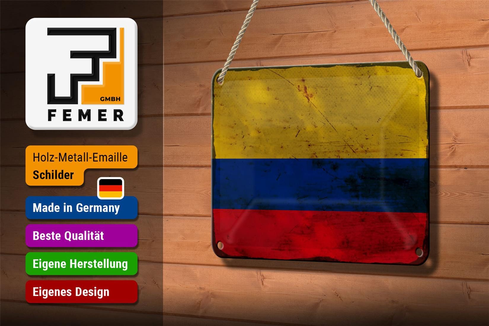 Femer GmbH Metallschild Flagge Kolumbien 18x12cm Flag Colombia Rost, (1 St), gewölbte Oberfläche, abgerundete Ecken, umgeschlagene Kanten