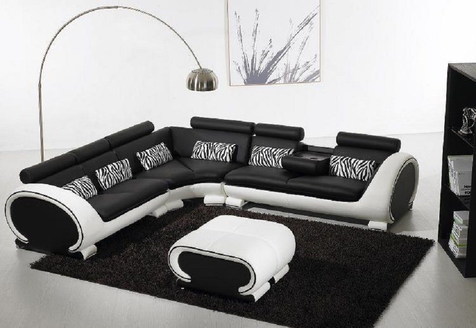 JVmoebel Ecksofa, Ecksofa L-Form 2x Hocker Sofa Couch Polster Leder Moderne Sofas Neu Schwarz/Weiß