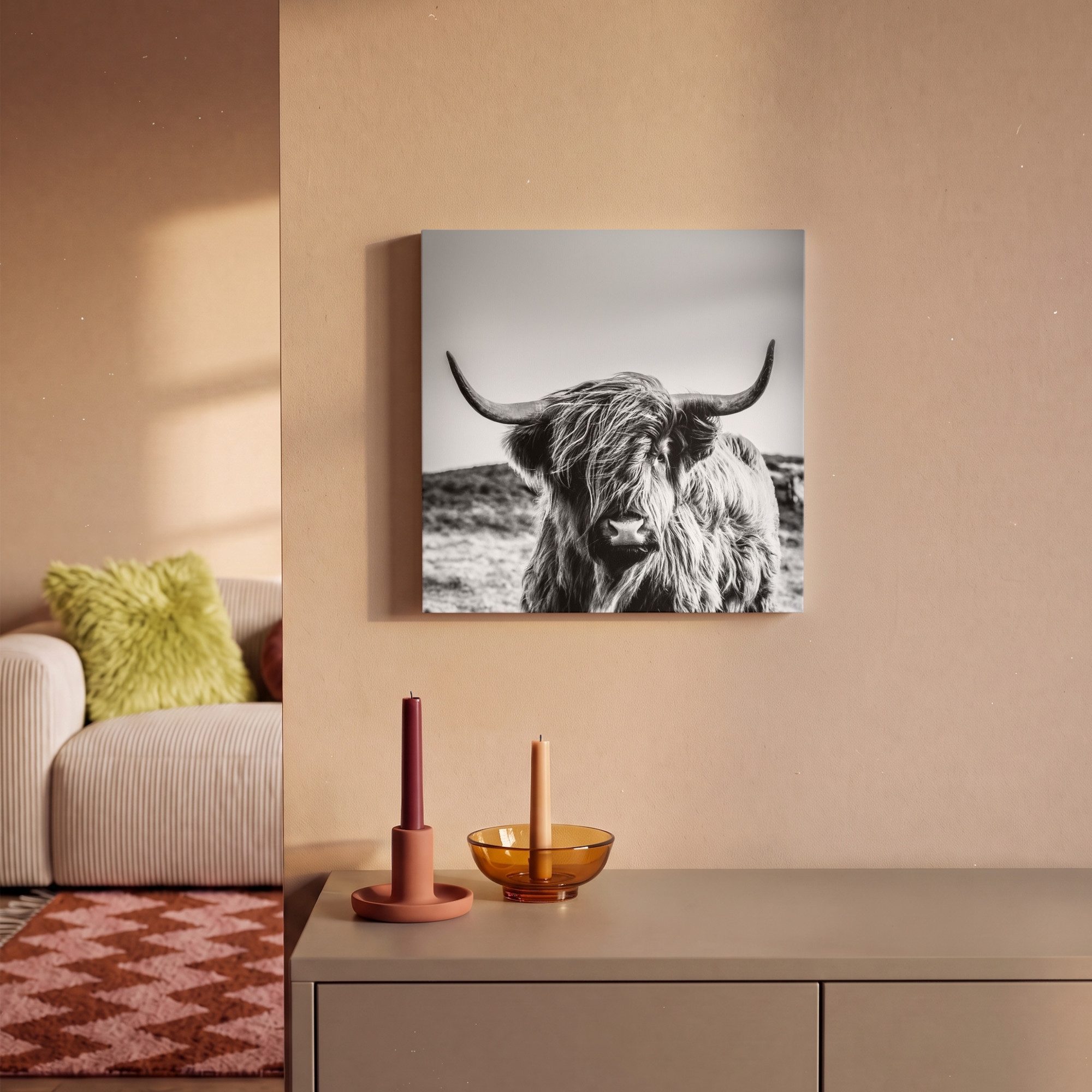 OneMillionCanvasses® Leinwandbild Kuh - Schottischer Hochländer - Schwarz - Weiß - Tier - Natur - Wildti, Fotodruck (1 St), Wandbild, Deko Schlafzimmer Wohnzimm – Bild 2 von 5