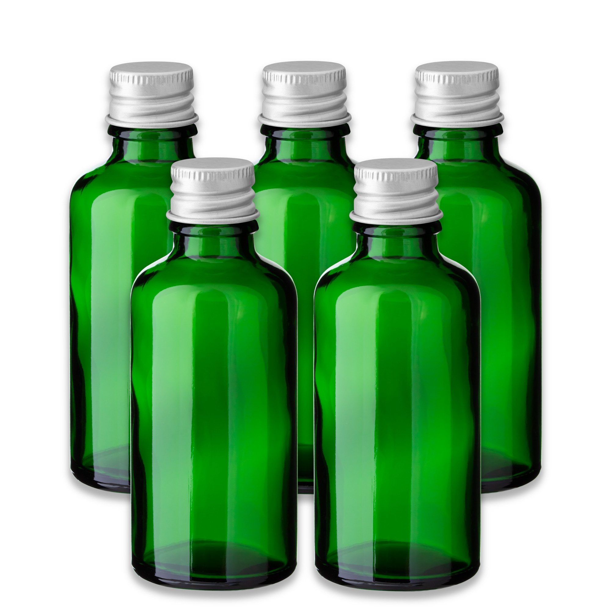 CK Verpackung GmbH Leerglas 5x Grüne Glasflasche 50 ml mit silbernem Aluminiumverschluss DIN 18 mm (Set x5)
