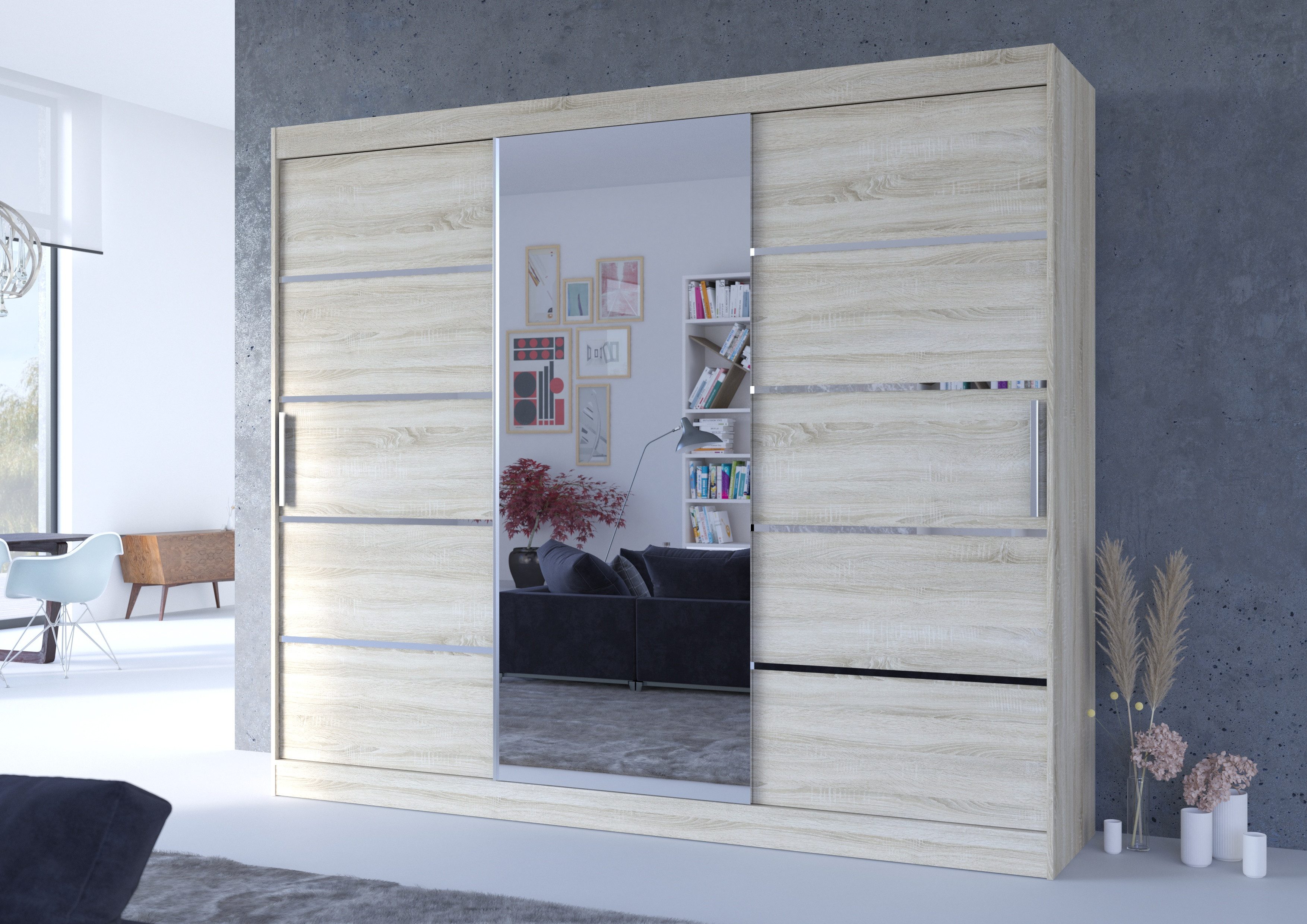 MOEBLO Schiebetürenschrank Dolsa 250 (mit Spiegel – Moderner Kleiderschrank mit viel Stauraum, Schlafzimmer Schrank mit viel Stauraum, Garderobenschrank, Raumwunder) (B×H×T): 250×215×58 cm