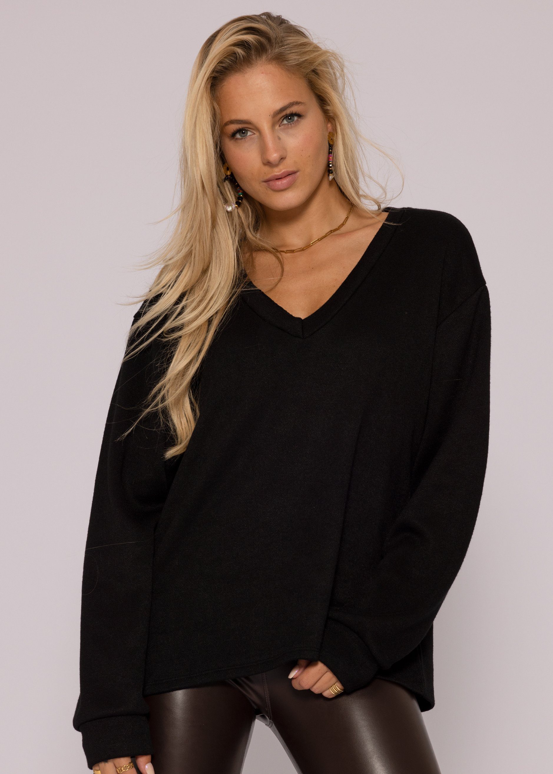 SASSYCLASSY V-Ausschnitt-Pullover Oversize Sweatshirt Damen aus weichem Feinstrick Lässiger Strickpullover mit V-Ausschnitt Made in Italy