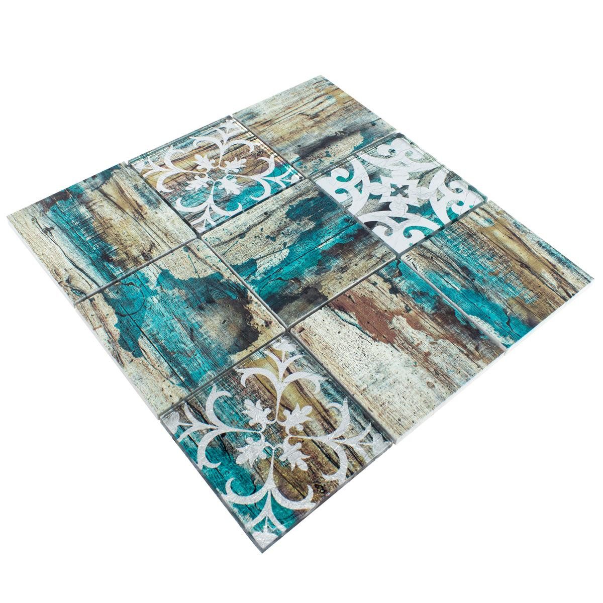 Mosafil Mosaikfliesen Glasmosaik Fliesen Holzoptik Howland Beige Grün Q98, Glas 29.800x29.800, beige-braun-grün, Verlegefertig auf ein Netz geklebt - Wasserfest