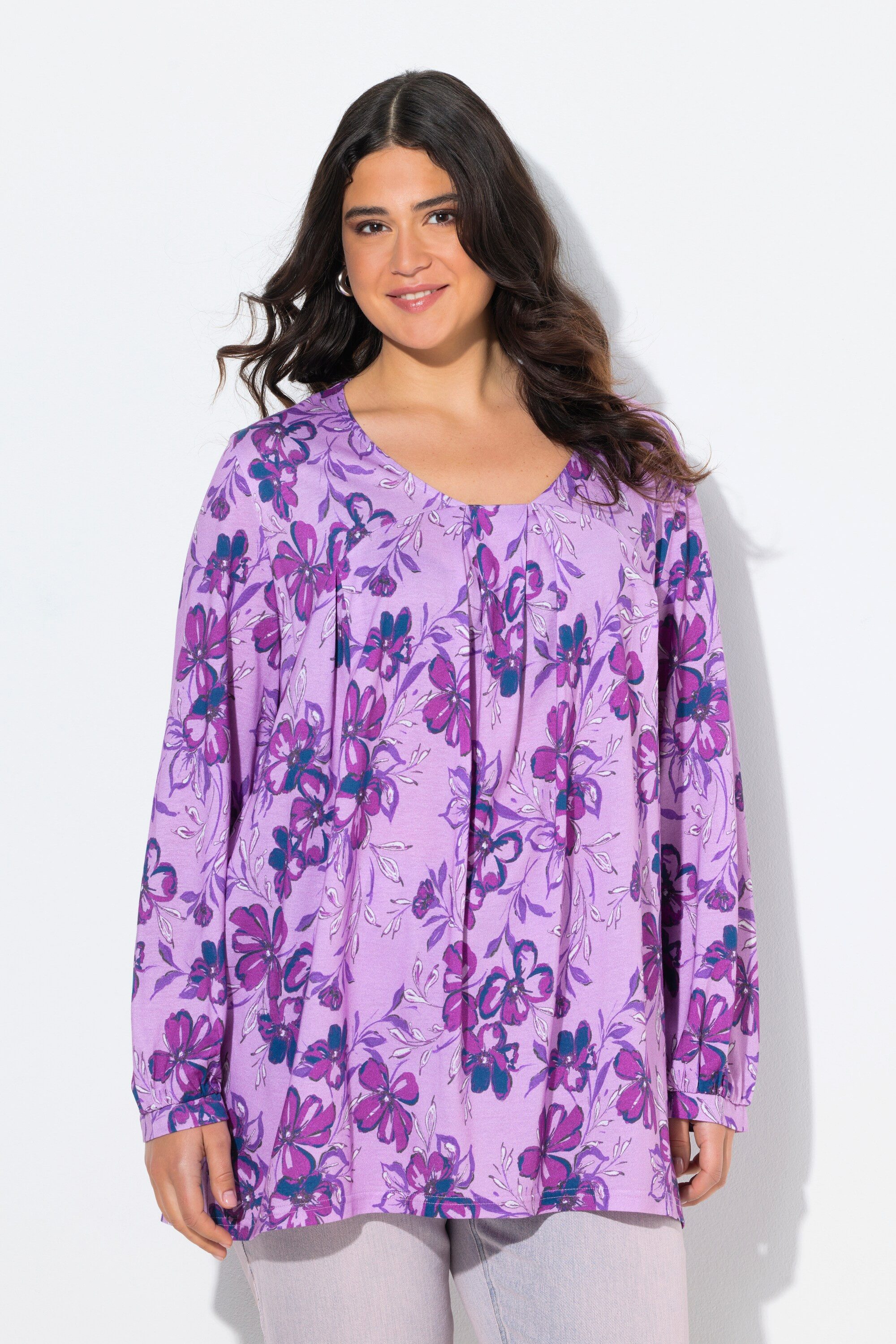 Ulla Popken T-Shirt Shirt A-Linie Zierfalten Carré-Ausschnitt Langarm günstig online kaufen