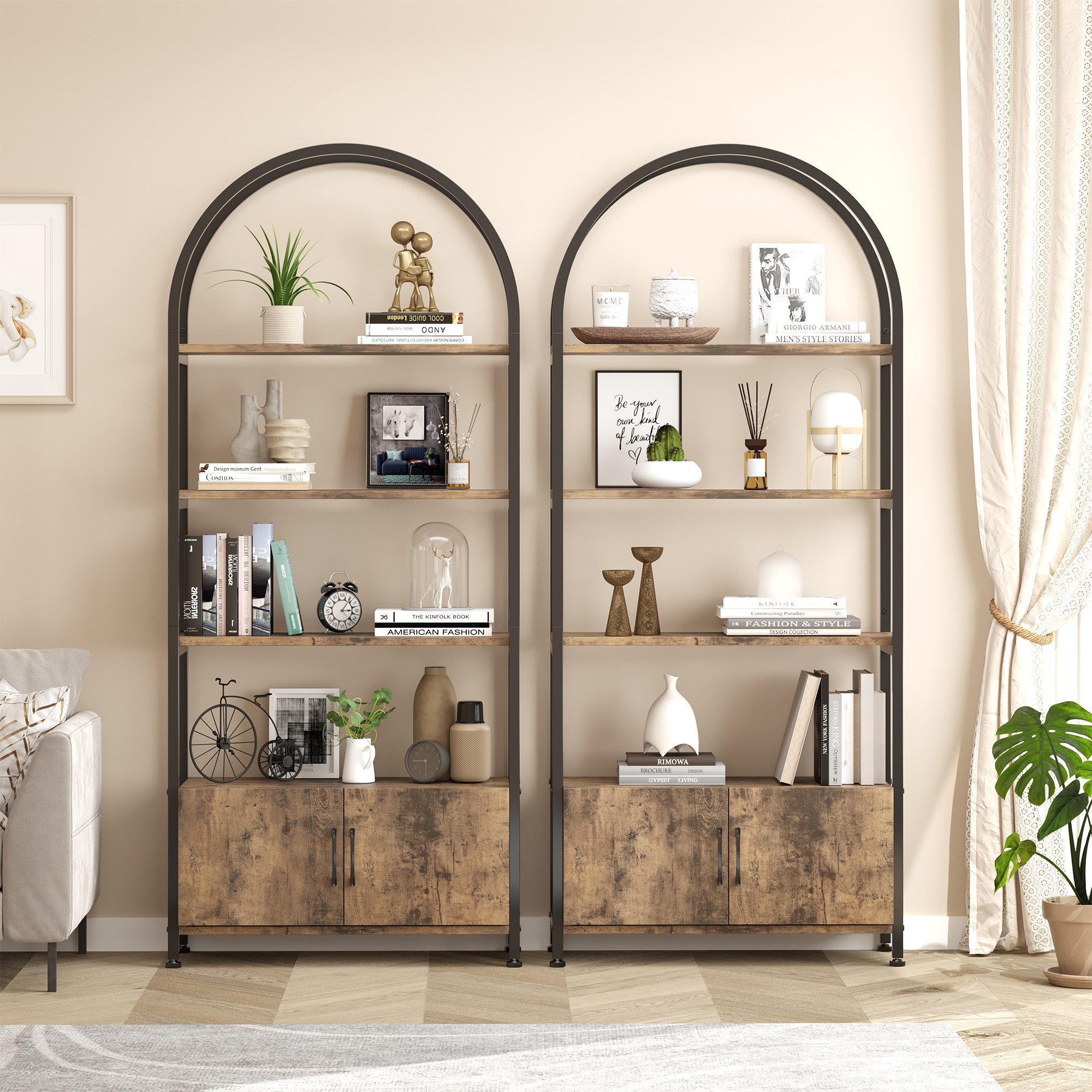 GarveeMore Bücherregal Gewölbtes mit 2 Türen,stabilem Metallrahmen,181cm, 4-stöckiges gewölbtes Ausstellungsregal für Büro,Schlafzimmer,weiß – Bild 5 von 5