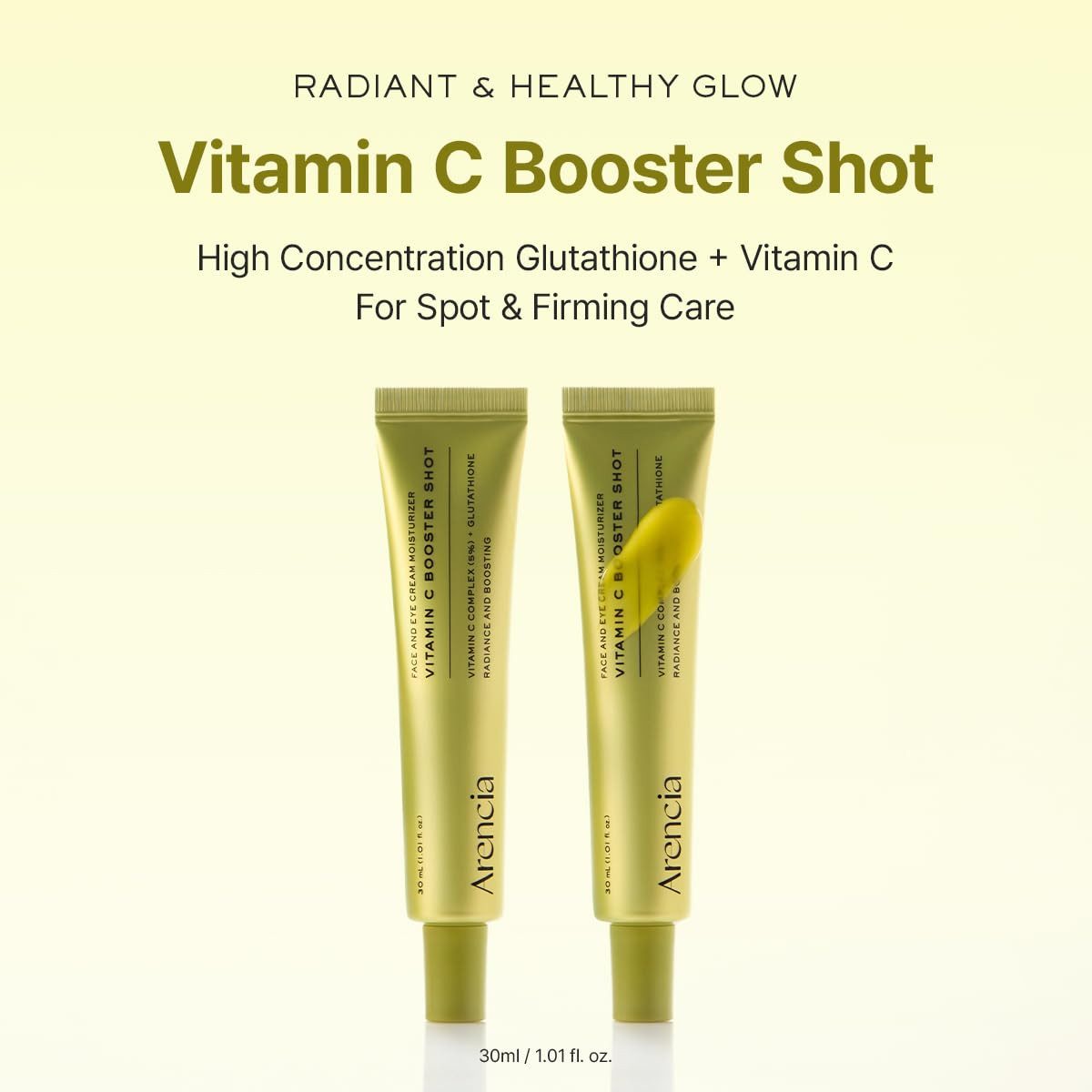 Arencia Anti-Aging-Augencreme Vitamin C Booster Shot 30ml – Hochkonzentriertes Serum mit stabilem, Vitamin-C-Komplex & Glutathione – unterstützt ebenmäßigen Teint, Glow und gepflegte Haut – leichte Gel-Creme-Textur