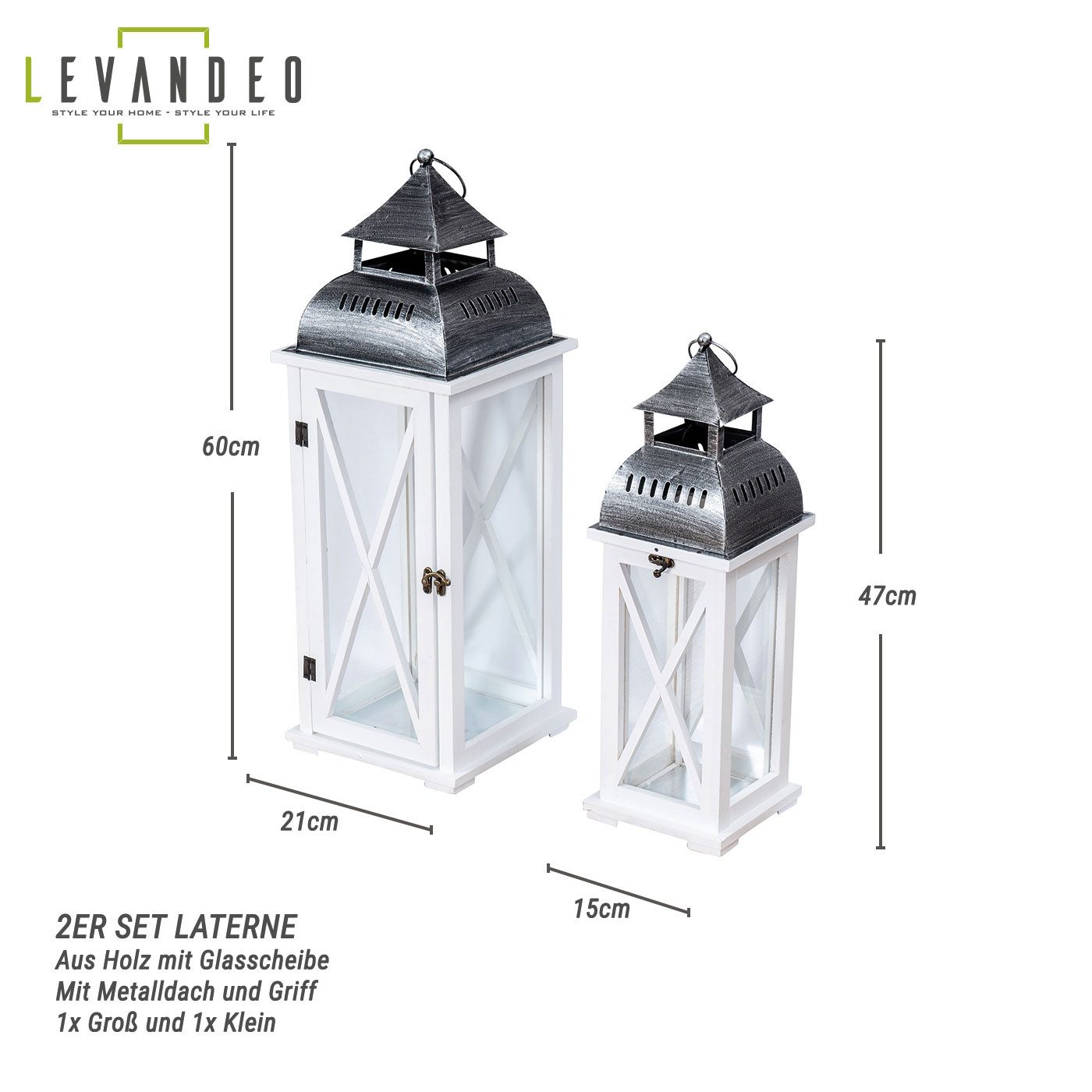 Levandeo® Kerzenlaterne, 2tlg. Laternen Set Holz weiß Metall Glas Shabby Chic 42cm & 60cm