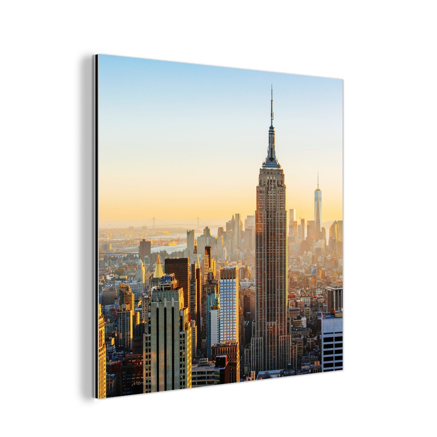MuchoWow Metallbild Skyline von New York bei Sonnenuntergang mit dem Empire State Building, (1 St), Alu-Dibond-Druck, Gemälde aus Metall, Aluminium deko