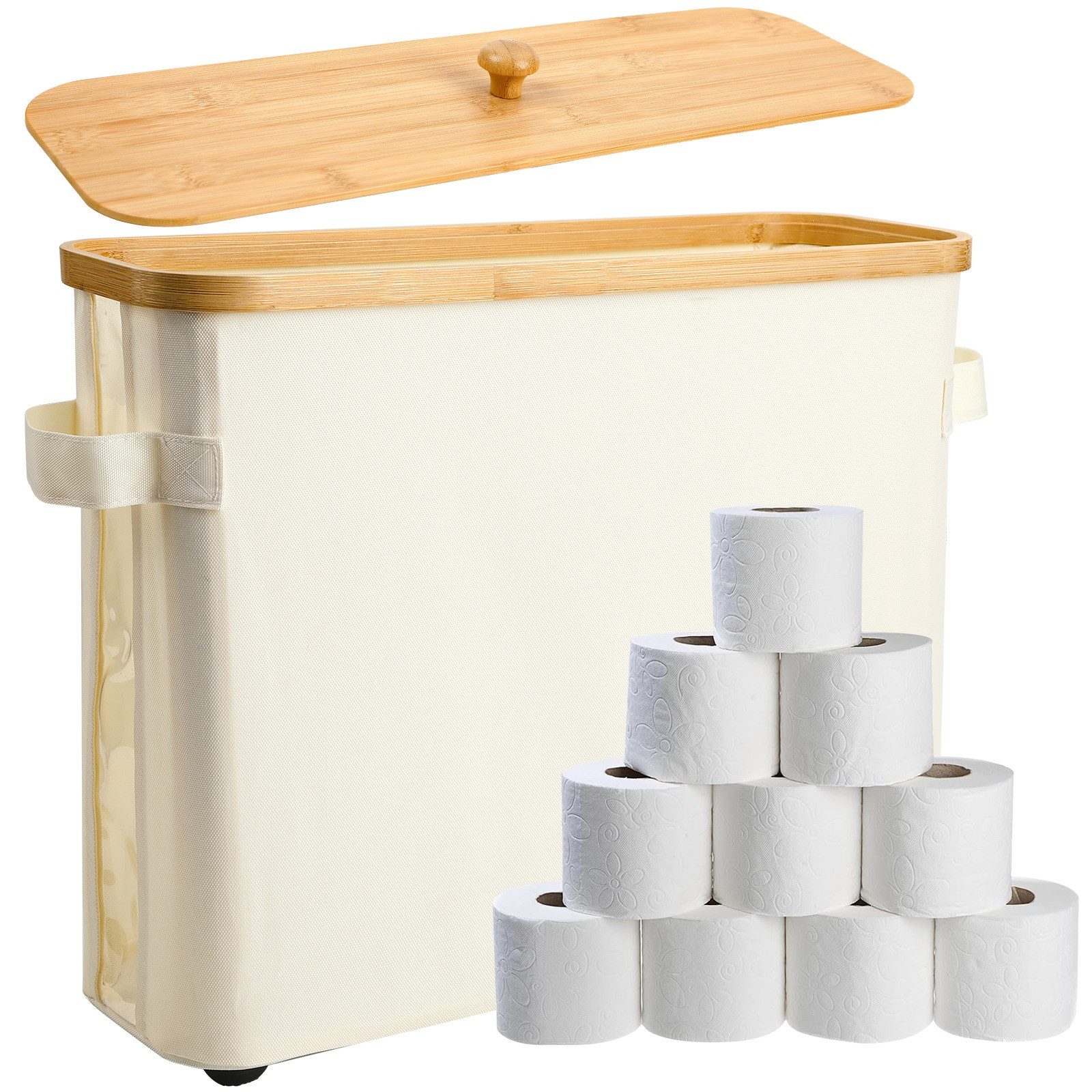 wohnTRAUM24 Toiletten-Ersatzrollenhalter Toilettenpapier Хранилища Box mit Deckel für bis zu 12 Rollen,Beige (faltbarer Хранилищаskorb mit Bambusrahmen), Oxford-Gewebe und Deckel, ideal für kleine Räume