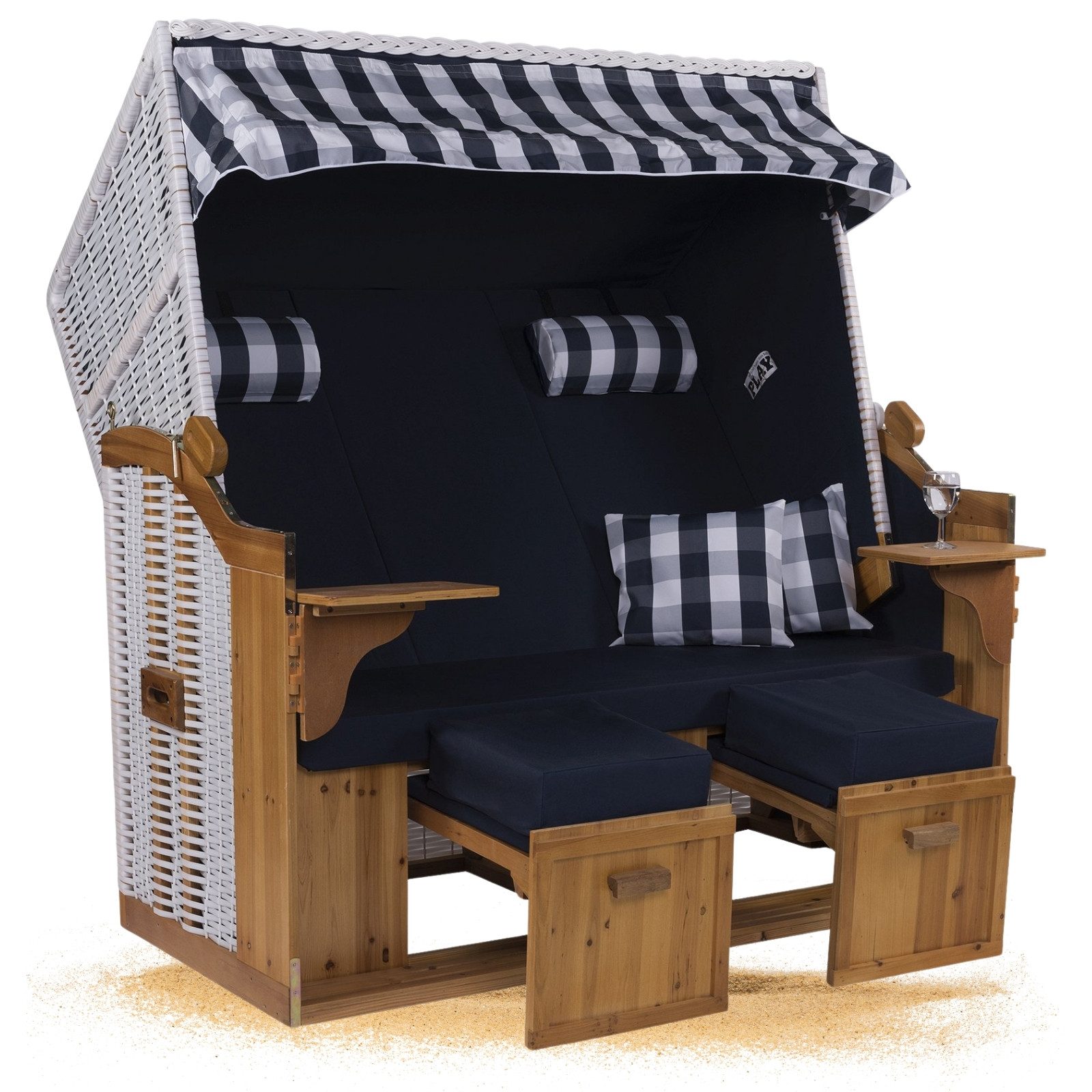 Strandkorb Hanse Strandkorb Strandkorb Ostsee blau weiß kariert Aufgebaut, BxTxH: 150x80x160 cm, Volllieger, Ostsee-Modell, (1-tlg), XXL, extra breit, handgefertigtes Polyrattangeflecht. Reduzierter Preis € 799,00. Unverbindliche Preisempfehlung € 849,00