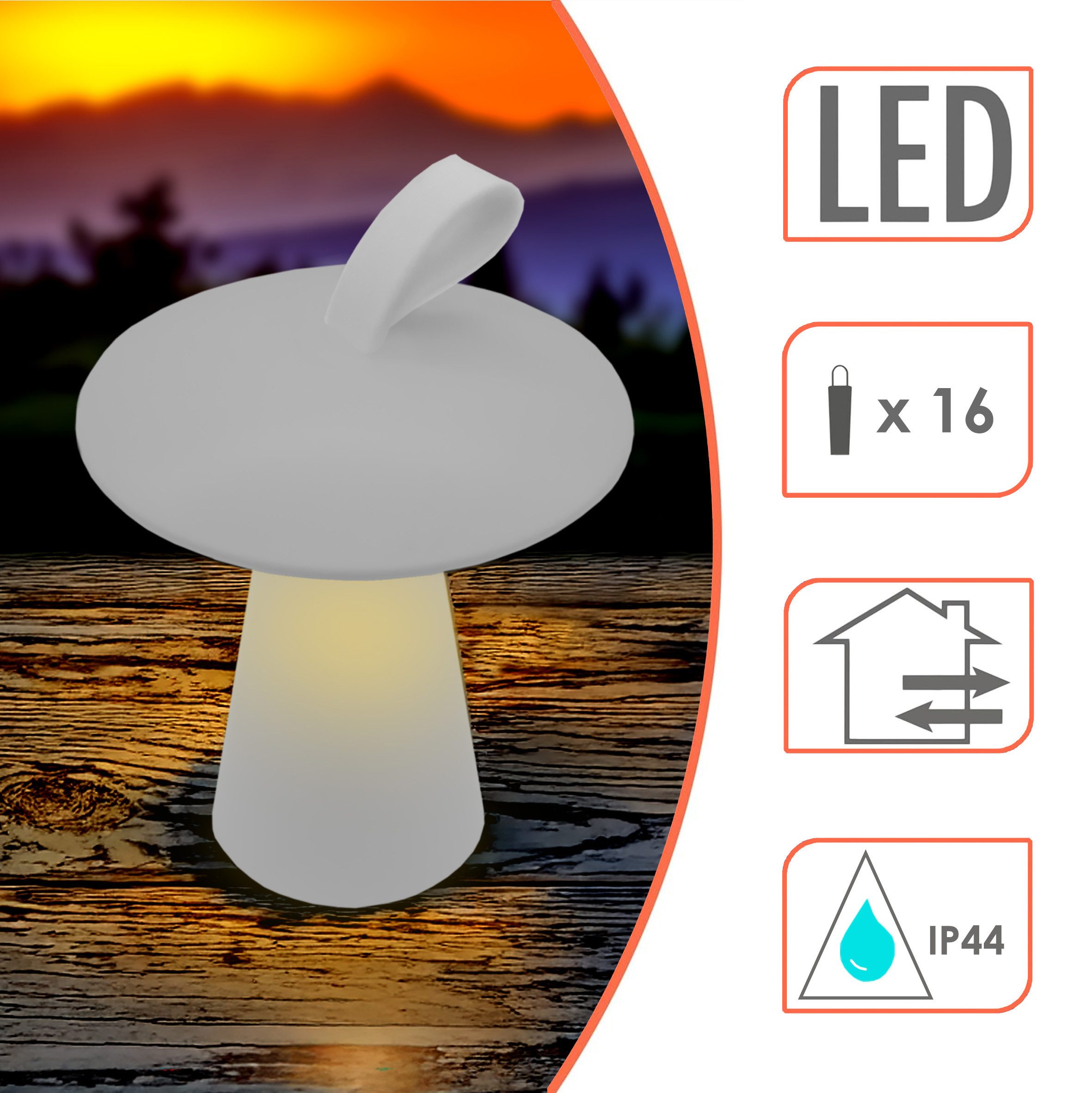 Spetebo LED Gartenleuchte in Pilz-Form mit 16 LED, mit 3 Leuchtfunktionen, LED fest integriert, warm weiß, Akku betrieben