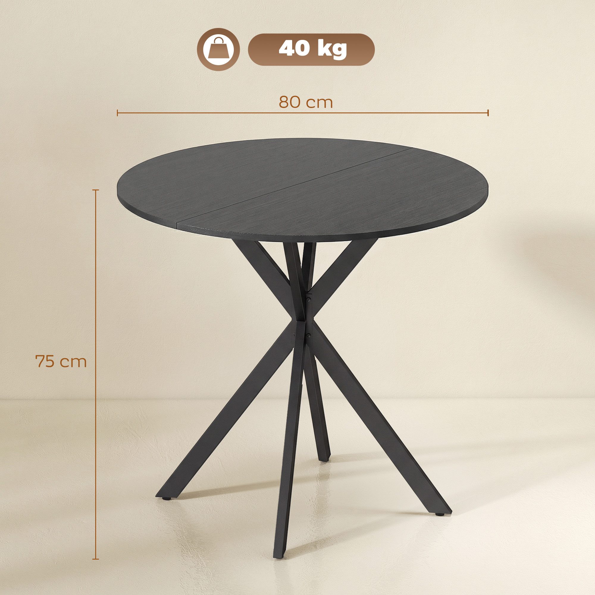 HOMCOM Esstisch Küchentisch im Industriestil mit Stahlbeinen für 2 Personen (für Esszimmer, Küche, Wohnzimmer, 1-St., rund, 80 x 80 x 75 cm), Schwarz – Bild 3 von 5