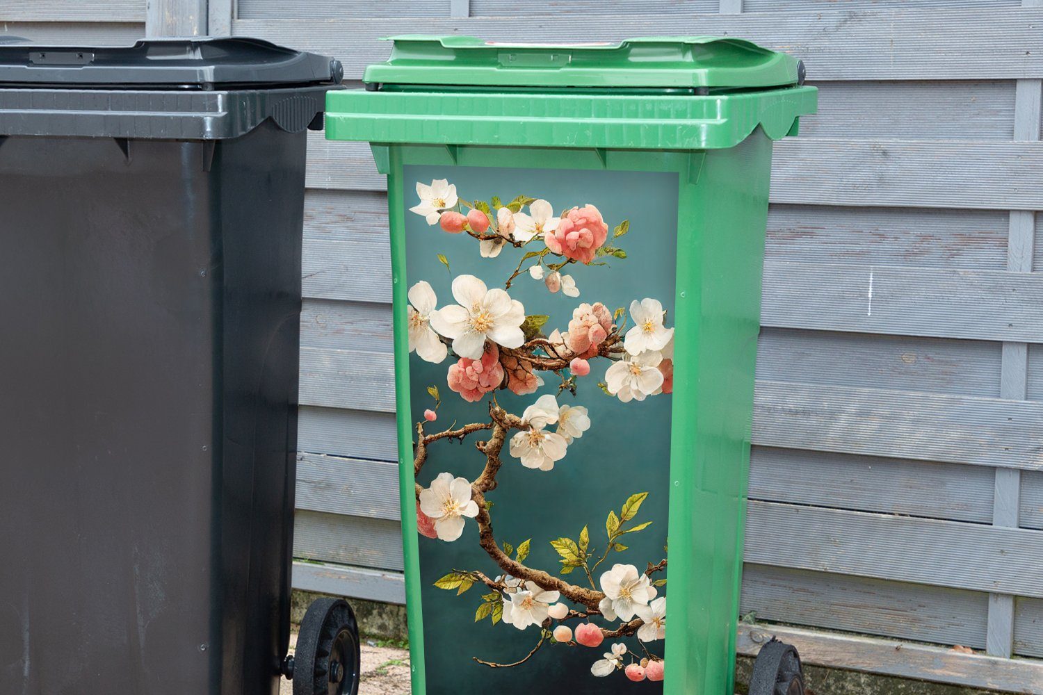 Sticker, Mülltonne, Container, - MuchoWow Blüte Wandsticker Weiß Zweig Kirsche Mülleimer-aufkleber, - Blumen - - Abfalbehälter St), (1