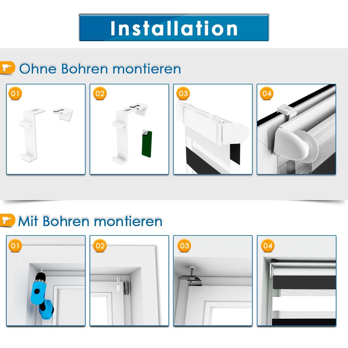 Klemmfix, Schwarz-Weiß Lichtschutz, rollos livhtdurchlässig ohne mit OUBO, freihängend, Fenster 130cm, verdunkelnd Klemmträger, Bohren Doppelrollo und für