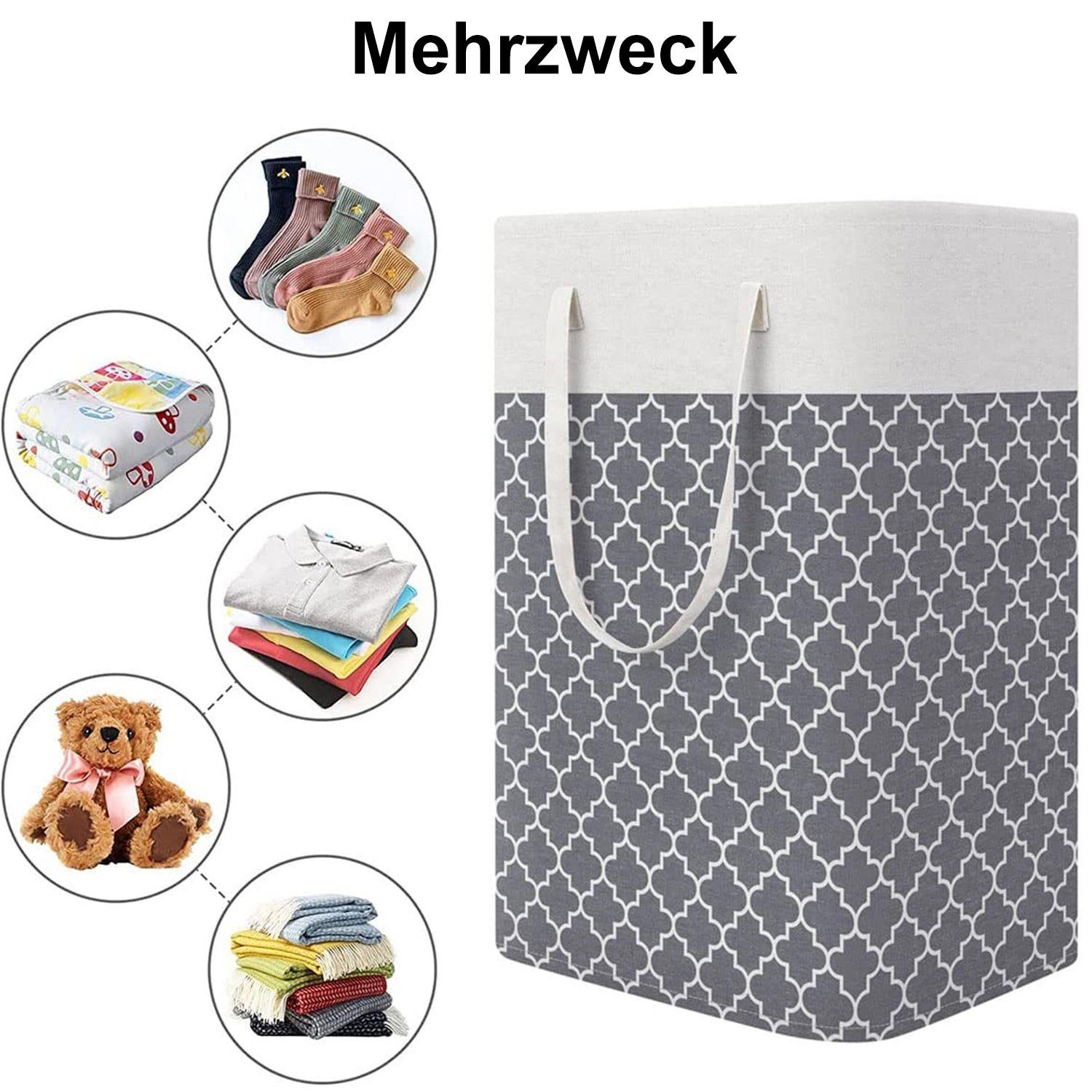BTTO Wäschekorb 75L Wäschekorb mit Griff,Faltbarer Wäschesammler,Grau (1 St), freistehender wasserdichter Aufbewahrungskorb,1/2/3/4-Pack