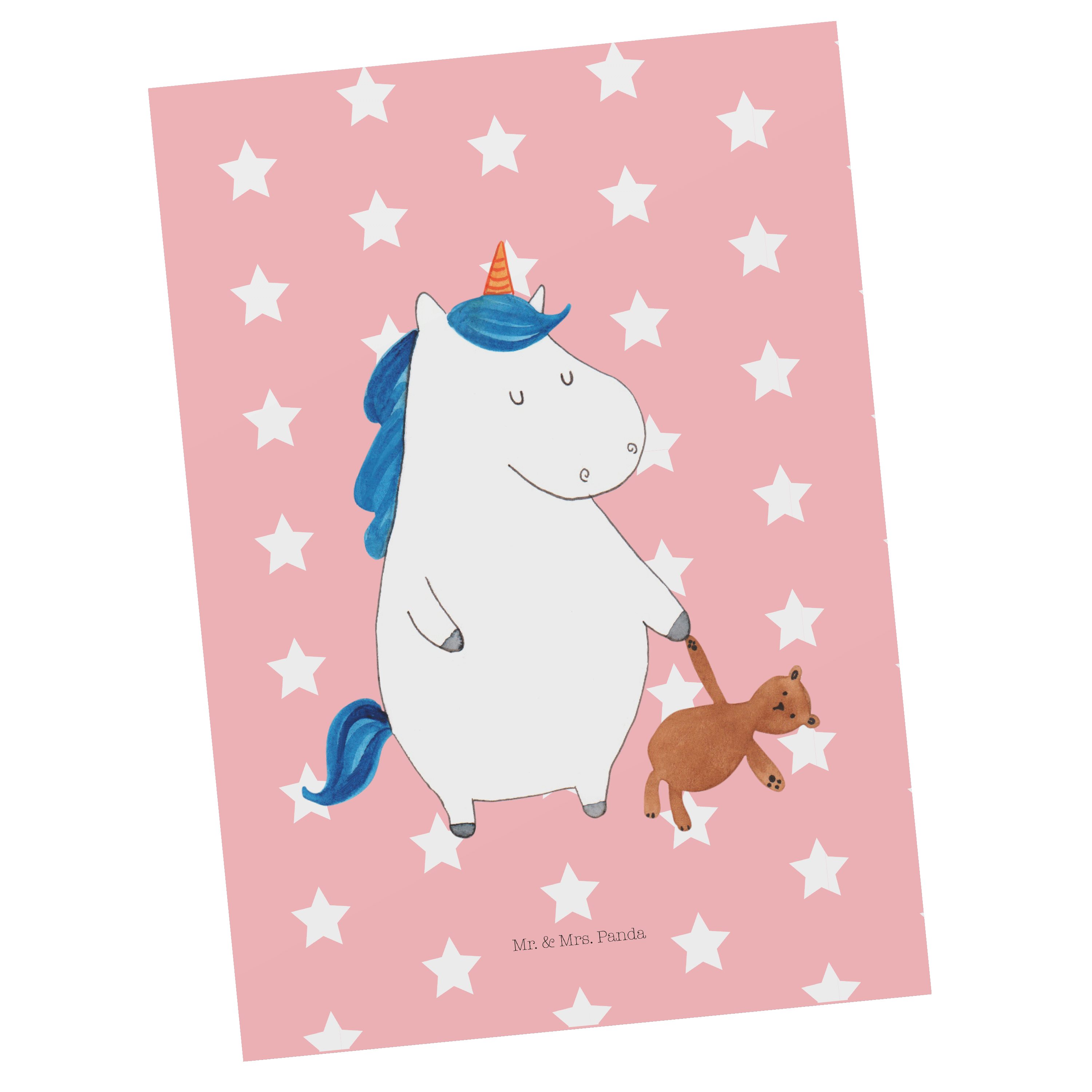Mr. & Mrs. Panda Postkarte Einhorn Teddy - Rot Pastell - Geschenk, Einhörner, Unicorn, Ansichtsk