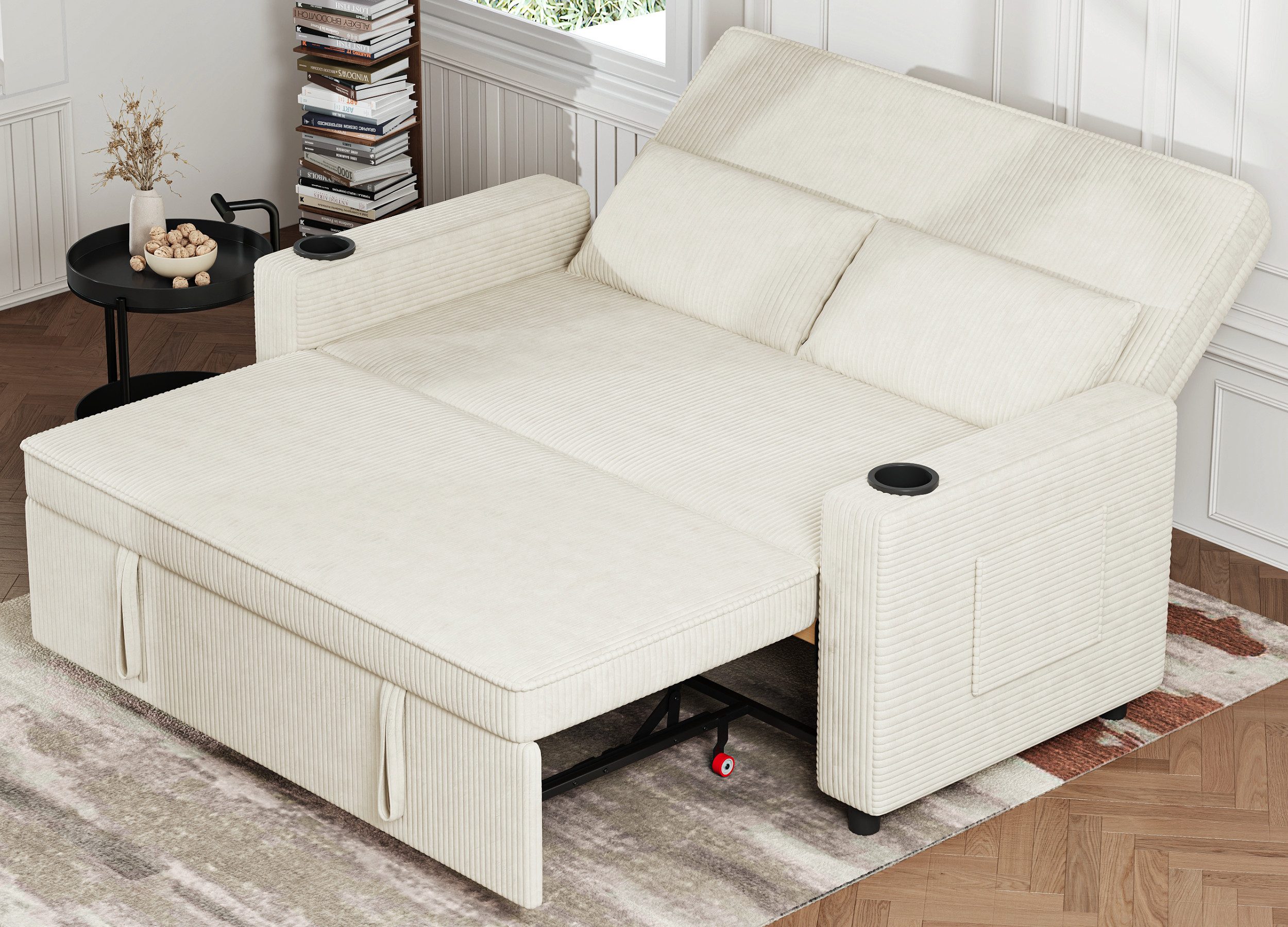 GUNJI Sofa Mit Bettfunktion, mit ausziehbarer sofas wohnzimmer, Hochwertiges Cordsofa mit zwei integrierten Getränkehaltern, ausziehbarem Doppelschlafsofa mit fünf Liegepositionen, geeignet für Wohn- und Schlafzimmer.