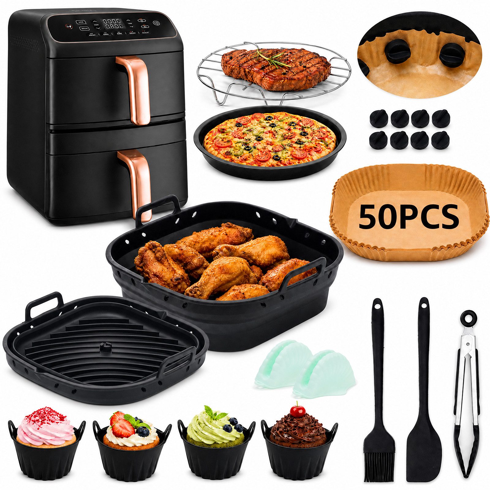 Insma Backform Airfryer Zubehör,Heißluftfritteuse Zubehör Set,Silikonformen,BPA-frei, (21-tlg), Silikonkorb faltbar, Backpapier, Grillrost, Pizzablech & Küchenzubehör
