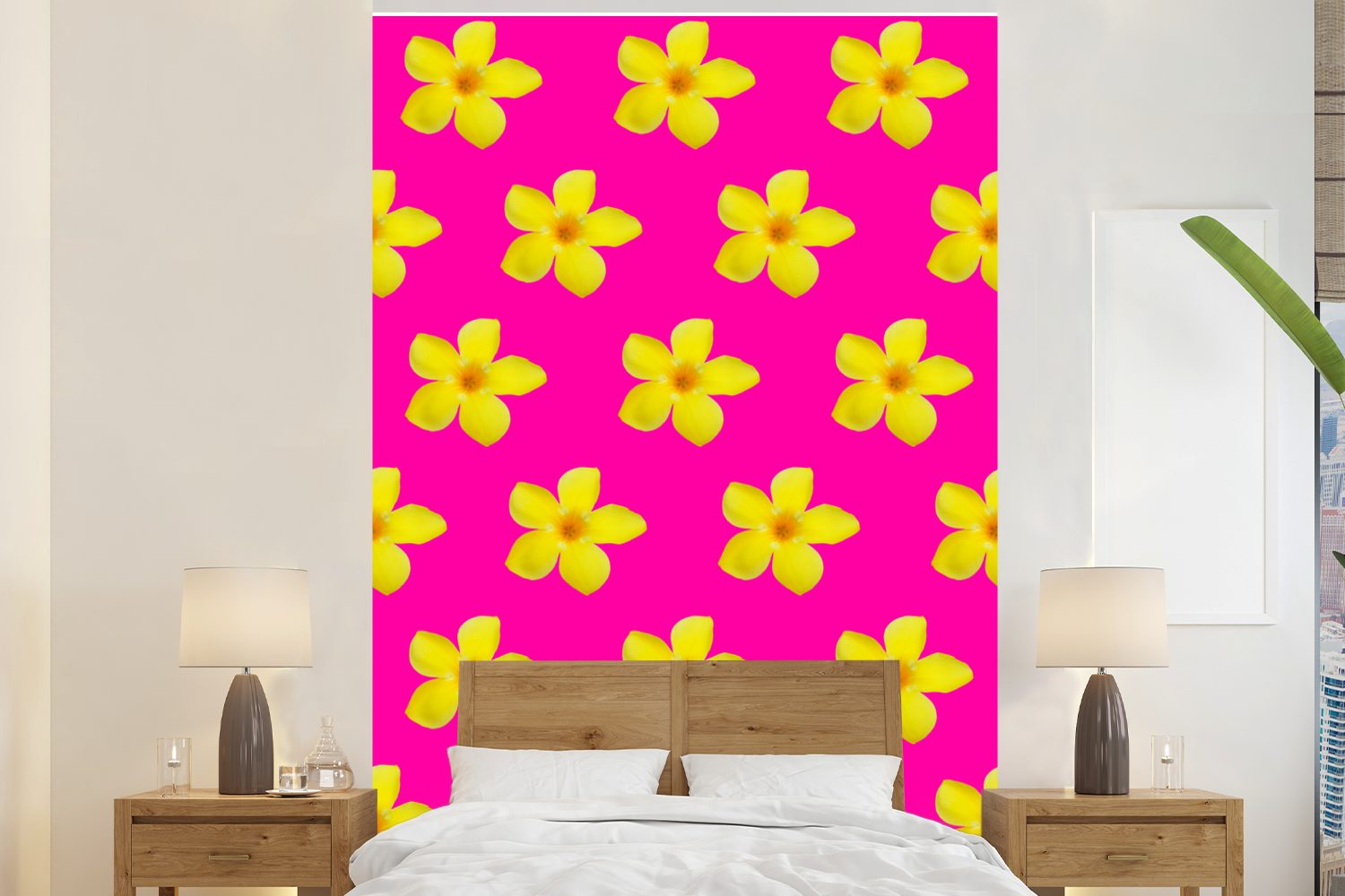MuchoWow Fototapete Blumen - Gelb - Muster, Matt, bedruckt, (3 St), Montagefertig Vinyl Tapete für Wohnzimmer, Wandtapete