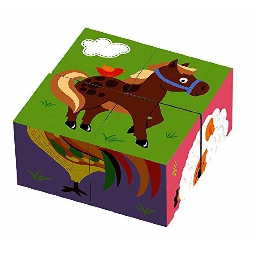 Viga® Holzspielzeug Viga 50835 4-teiliges 6-Seiten-Würfelpuzzle - Bauernhof-Tiere Spielbausteine, (Packung)