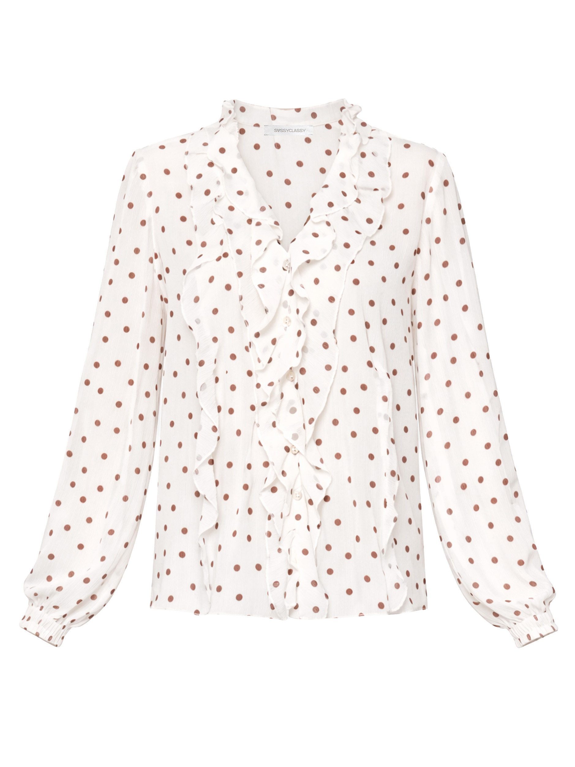 SASSYCLASSY Langarmbluse Chiffon Bluse mit Volants für Damen Leichte Bluse mit braunem Punktemuster und locker fallendem Schnitt