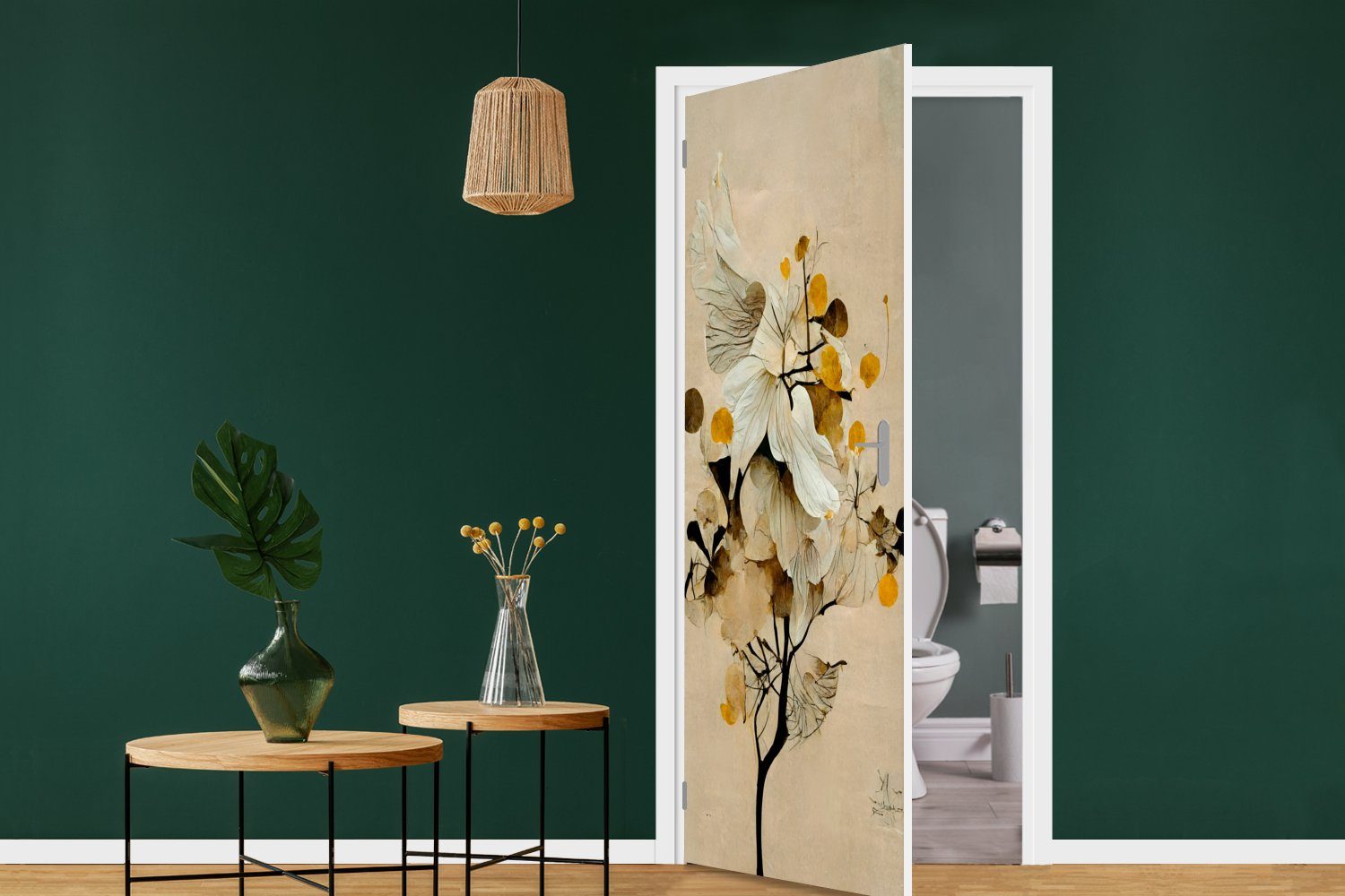 cm Vintage, MuchoWow Tür, Blumen 75x205 Matt, bedruckt, - Gold Türaufkleber, Türtapete (1 - Fototapete Pflanzen - St), für