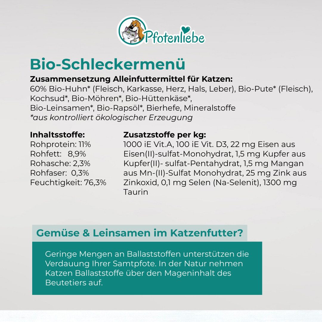 Pfotenliebe Bio-Schleckermenü verbesserte Rezeptur - getreidefrei 6x100g, Nassfutter für: Katzen