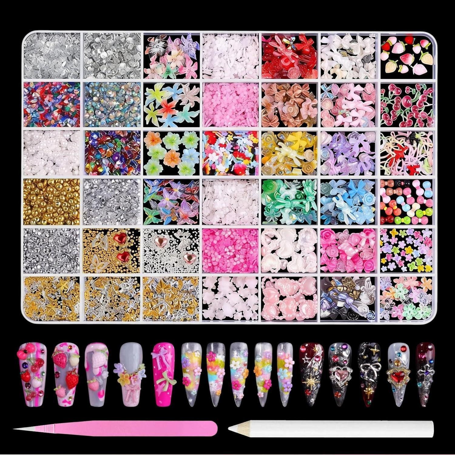 LuxusKollektion Nageldesign Zubehör Nail Art Charms & Strasssteine Set 42 Fächer