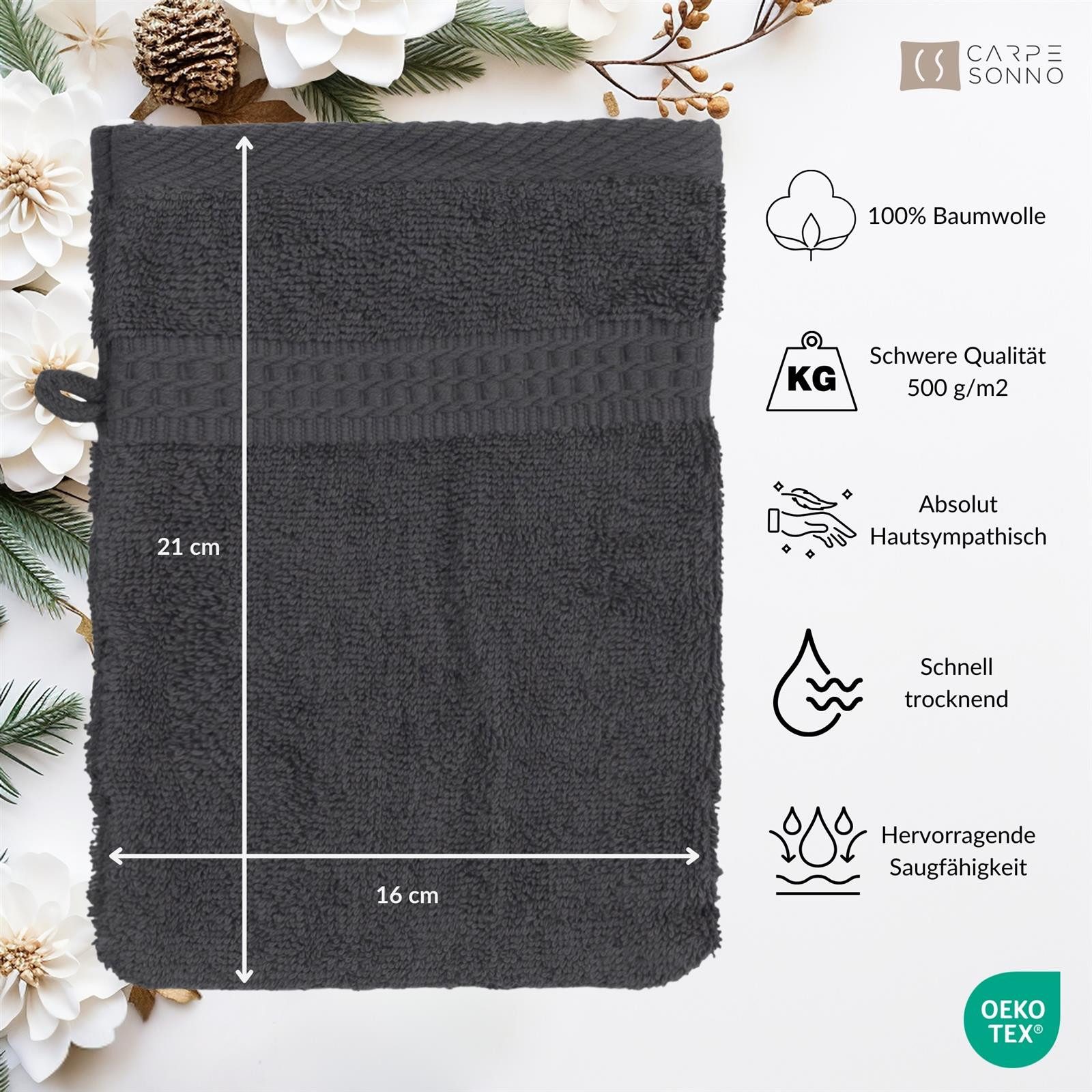 Carpe Sonno Waschhandschuh Waschlappen 10er Set Baumwolle Frottee Gesicht Körper Weich Saugstark, Frottier (Spar-Set, 10-St), 500 g/m² Handwaschlappen mit Aufhängeschlaufe Erwachsene Kinder Baby