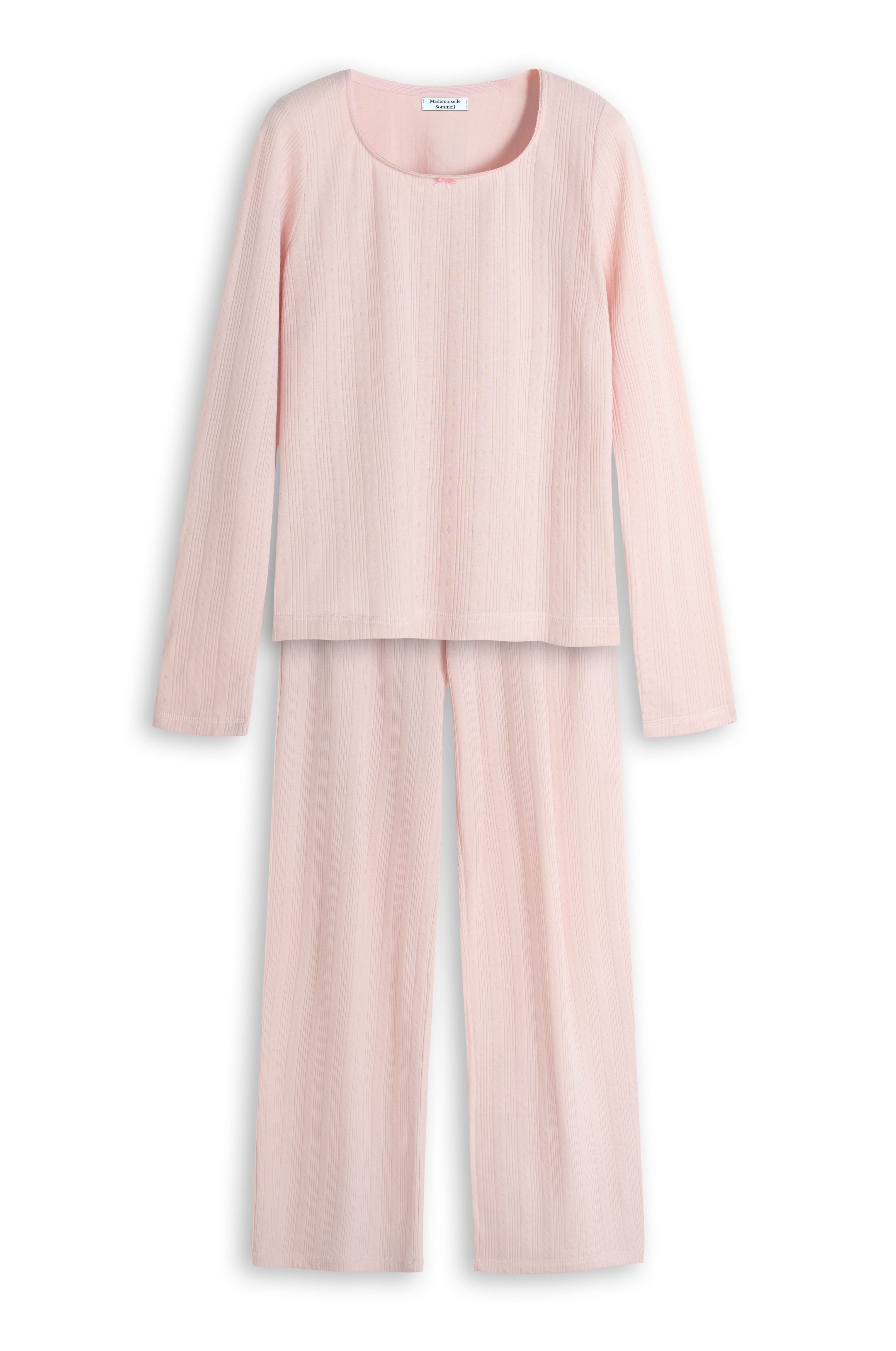 Mademoiselle Sommeil Pyjama Damen Schlafanzug aus Rosé Pointelle-Strick 100% Baumwolle, Langarm, weich & atmungsaktiv, gefertigt in Polen