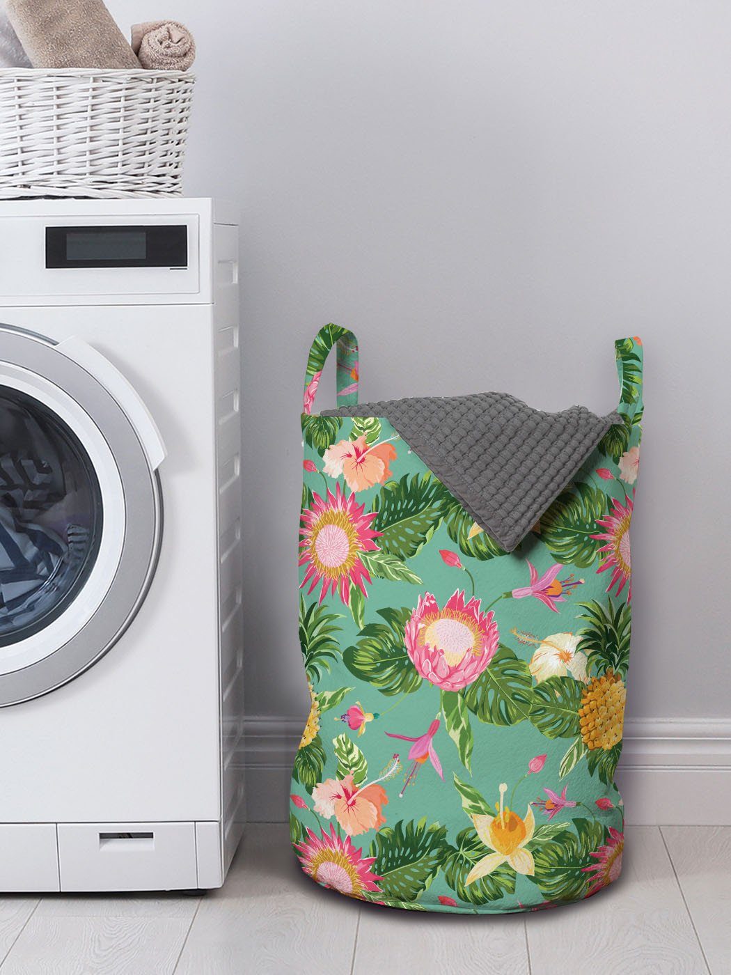 Wäschekorb Wäschesäckchen Waschsalons, Lebendige Blumen mit für Griffen Hibiscus Farben Abakuhaus Kordelzugverschluss