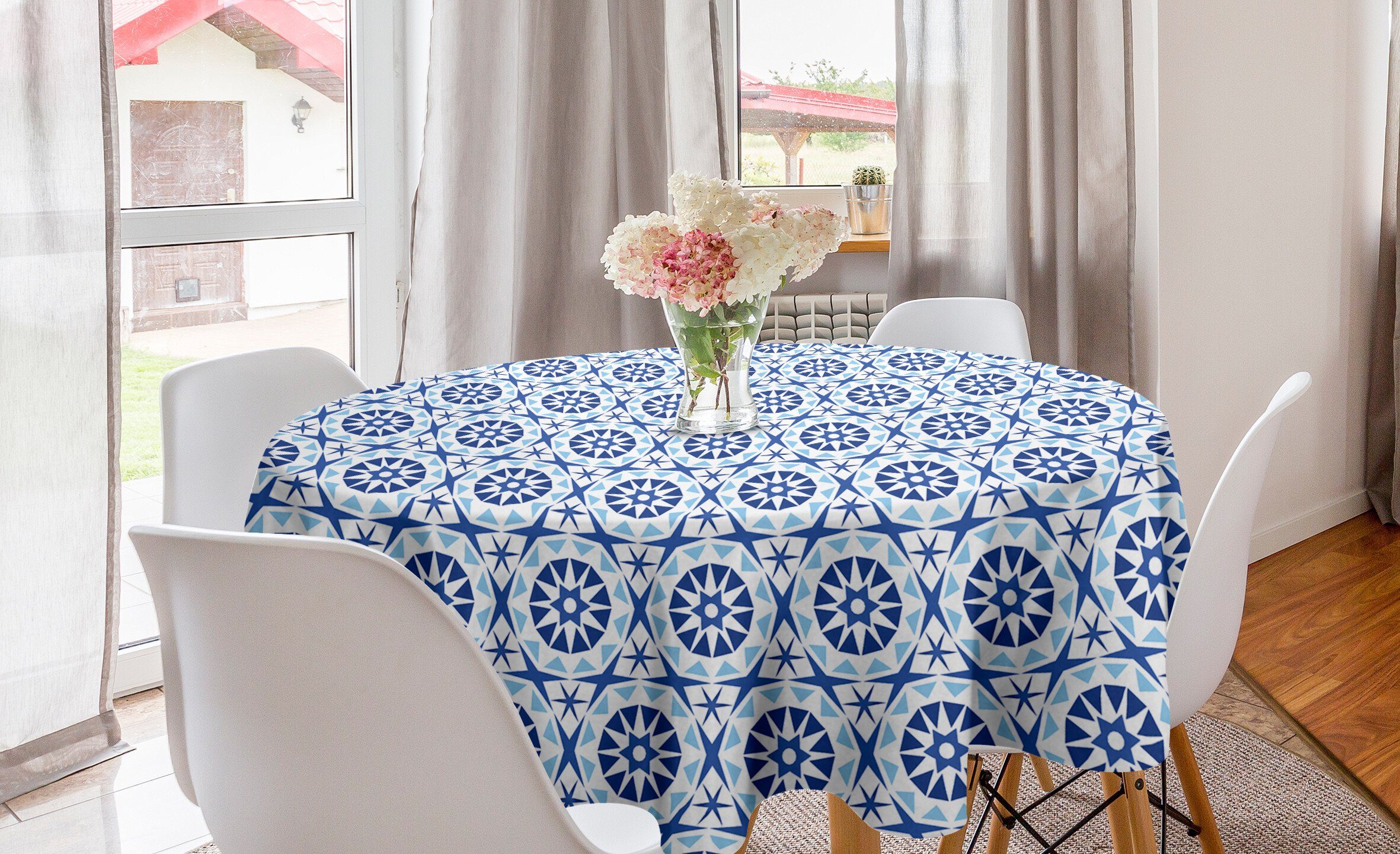 Abakuhaus Tischdecke Kreis Tischdecke Abdeckung für Esszimmer Küche Dekoration, Blauer Mandala Abstrakte Blumen-Motiv