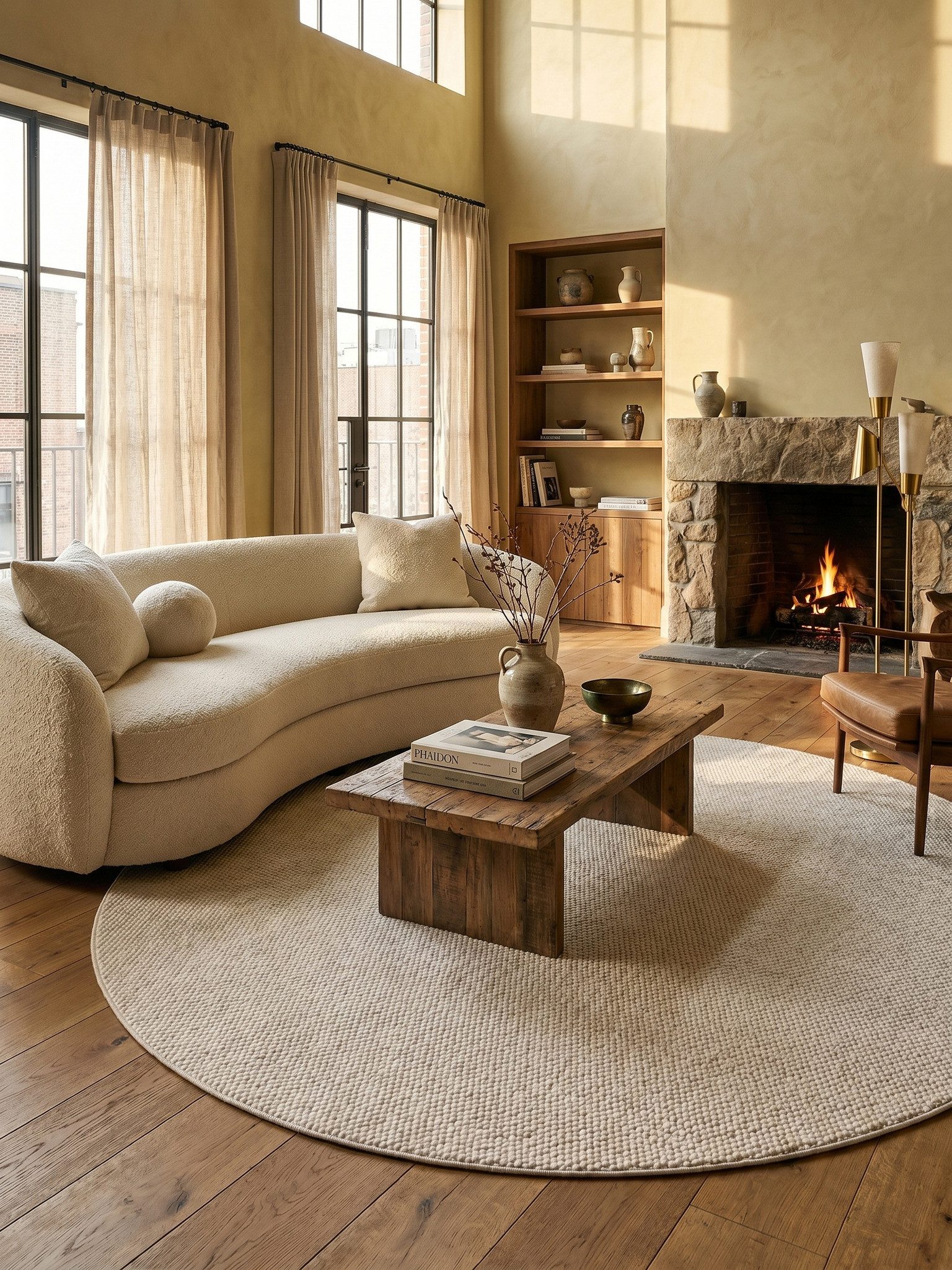 KADIMA DESIGN Teppich LANGAU Flachgewebe Kurzflor Berber Uni Meliert Wohnzimmer Pflegeleicht, Rund, Höhe: 7 mm, Creme, 200x200 cm, Saugroboter OEKO-TEX Fußbodenheizung
