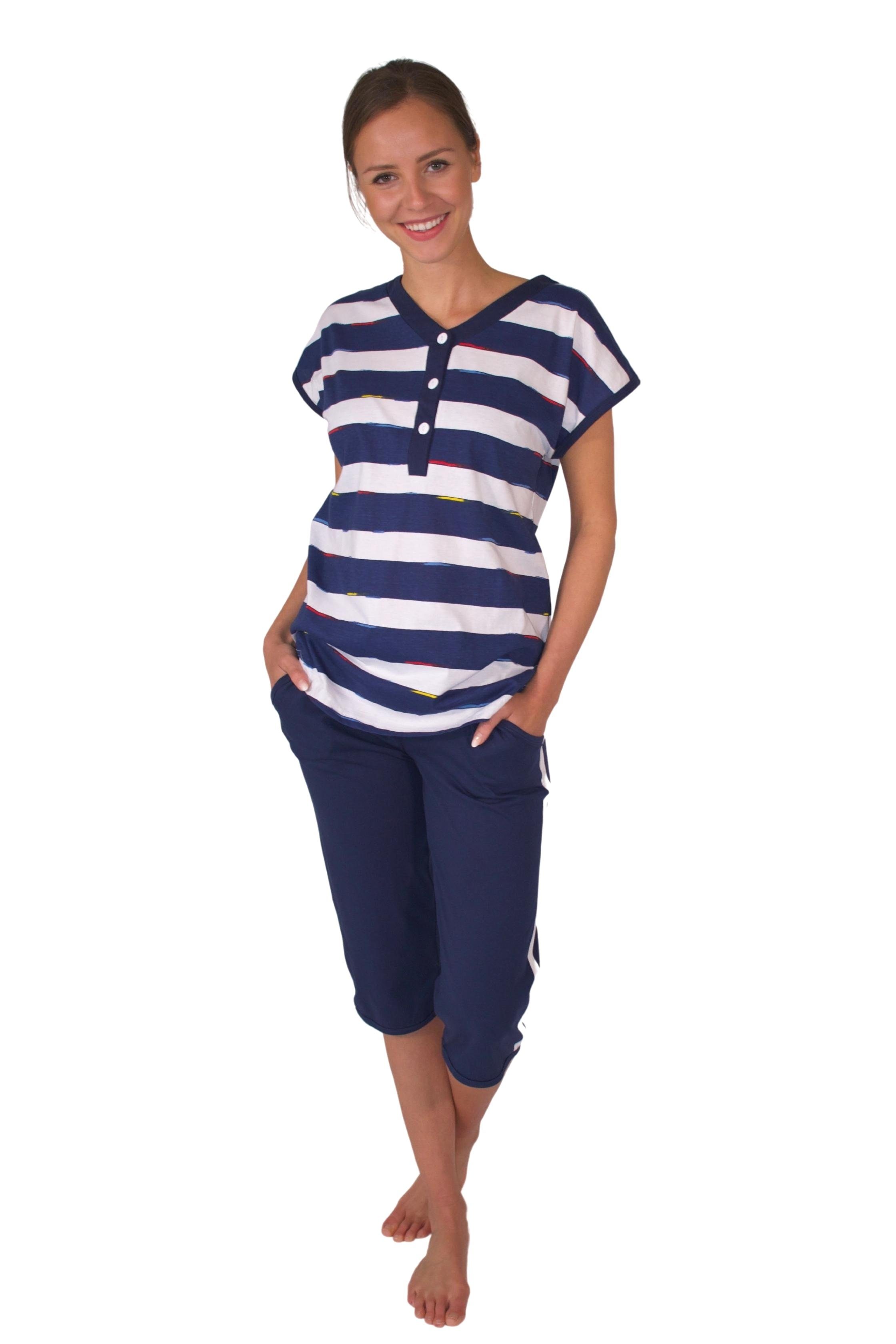 Wäsche/Bademode Pyjamas Consult-Tex Capri-Pyjama Damen Capri Pyjama Schlafanzug (Spar-Set, 1 Set) Oberteil mit Streifendruck