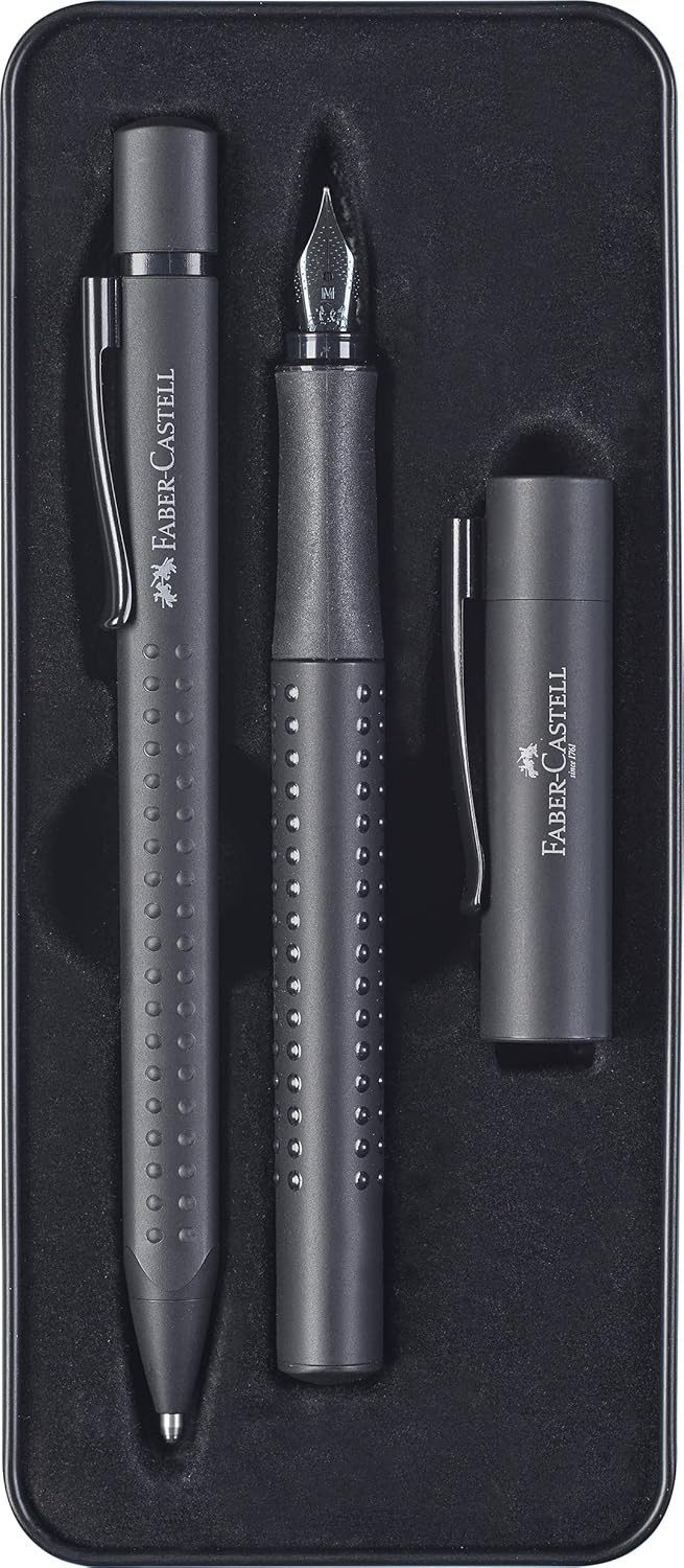Faber-Castell Füllhalter Schreibset Grip Edition All Black, Füller M Kuli XB im Metalletui ideal als Geschenk