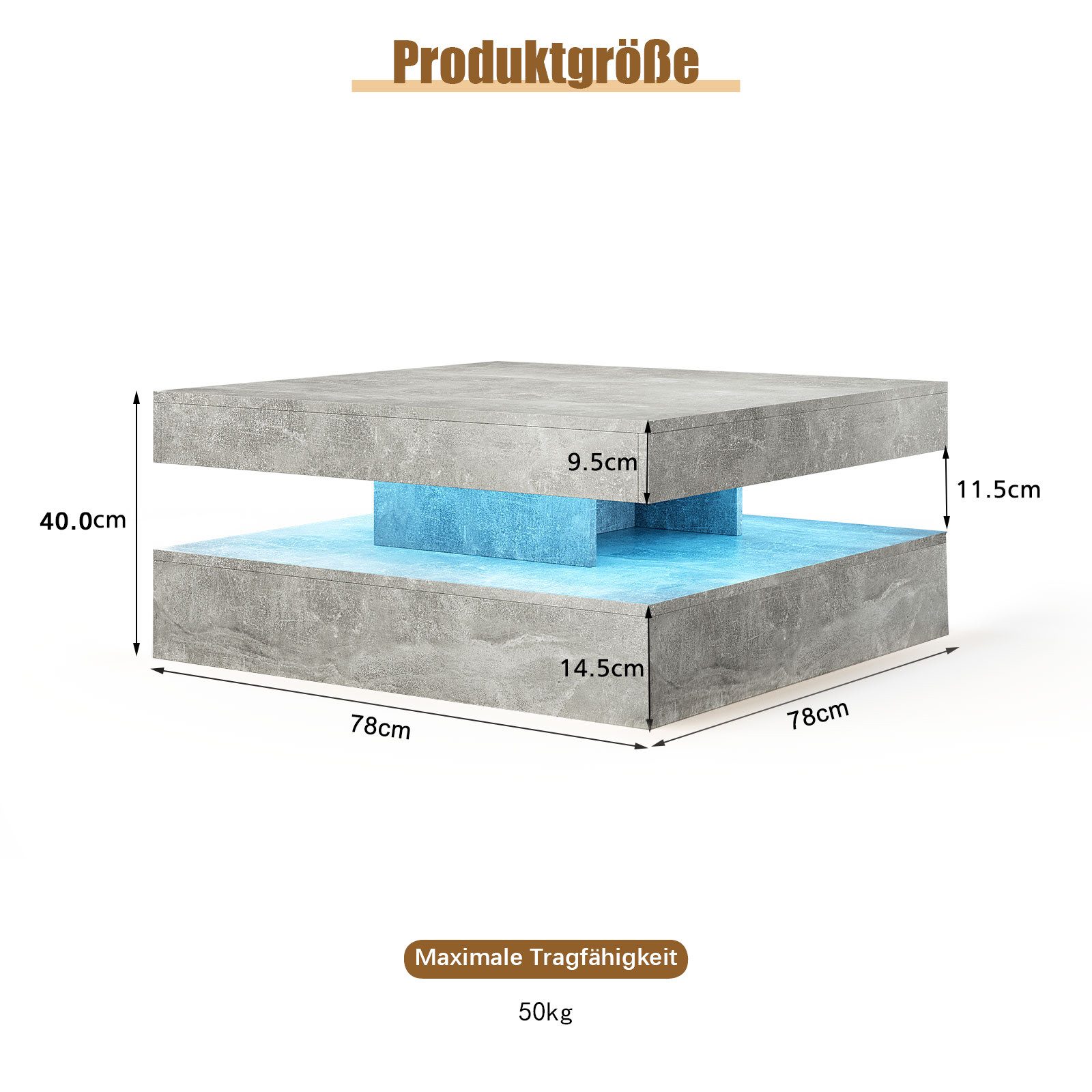 radelldar Couchtisch Quadratisch LED-Beleuchtung 2-in-1 (1-St), Moderner Wohnzimmertisch 78x78 cm mit Fernbedienung