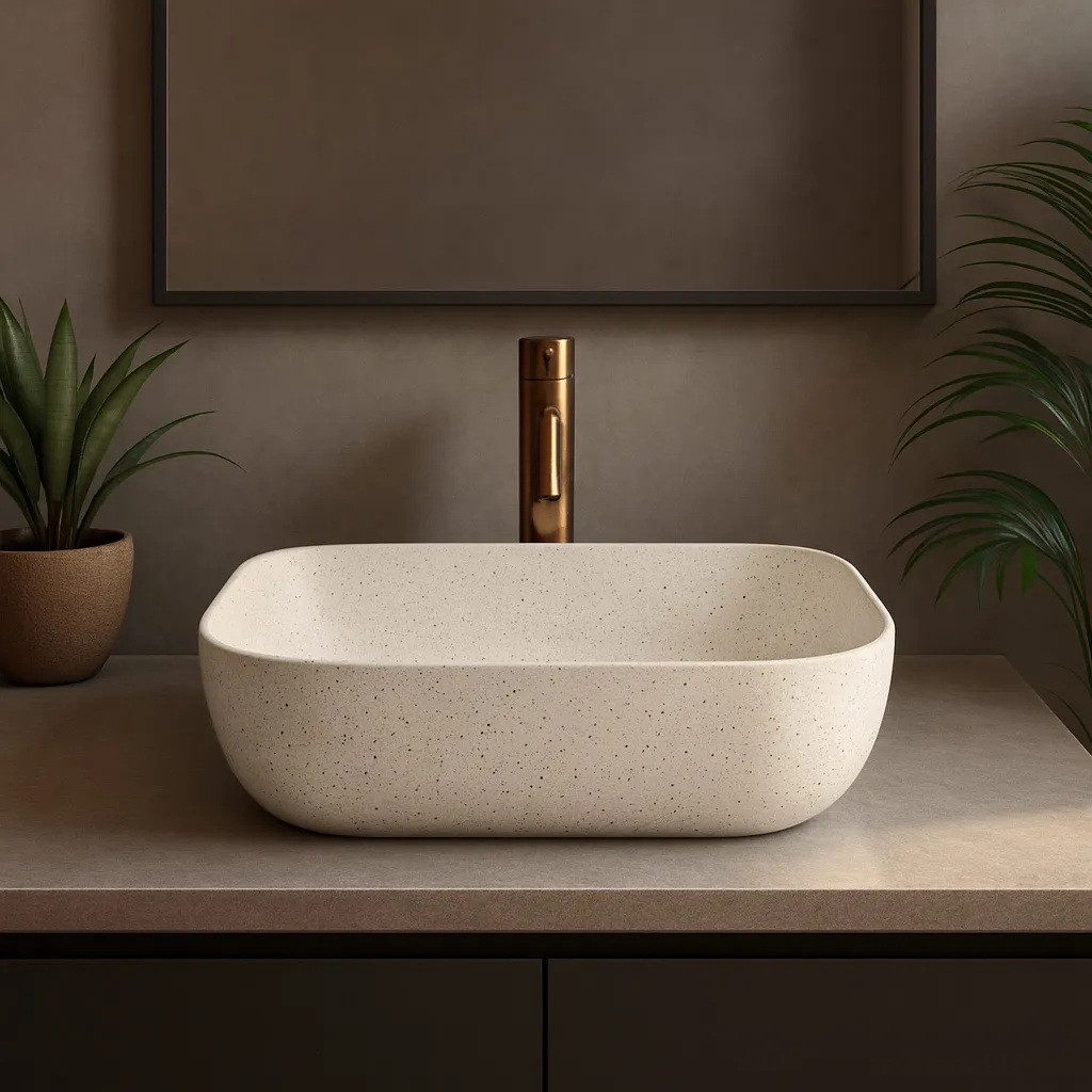 wohnwerk.idee Aufsatzwaschbecken Waschtisch Keramik Waschbecken Marmoroptik Beige Naturstein Design – Bild 3 von 5