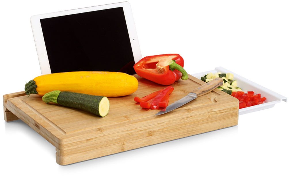 Zeller Present Schneidebrett mit Tablet-Halter, Bambus, Kunststoff, mit herausnehmbarem Auffangbehälter