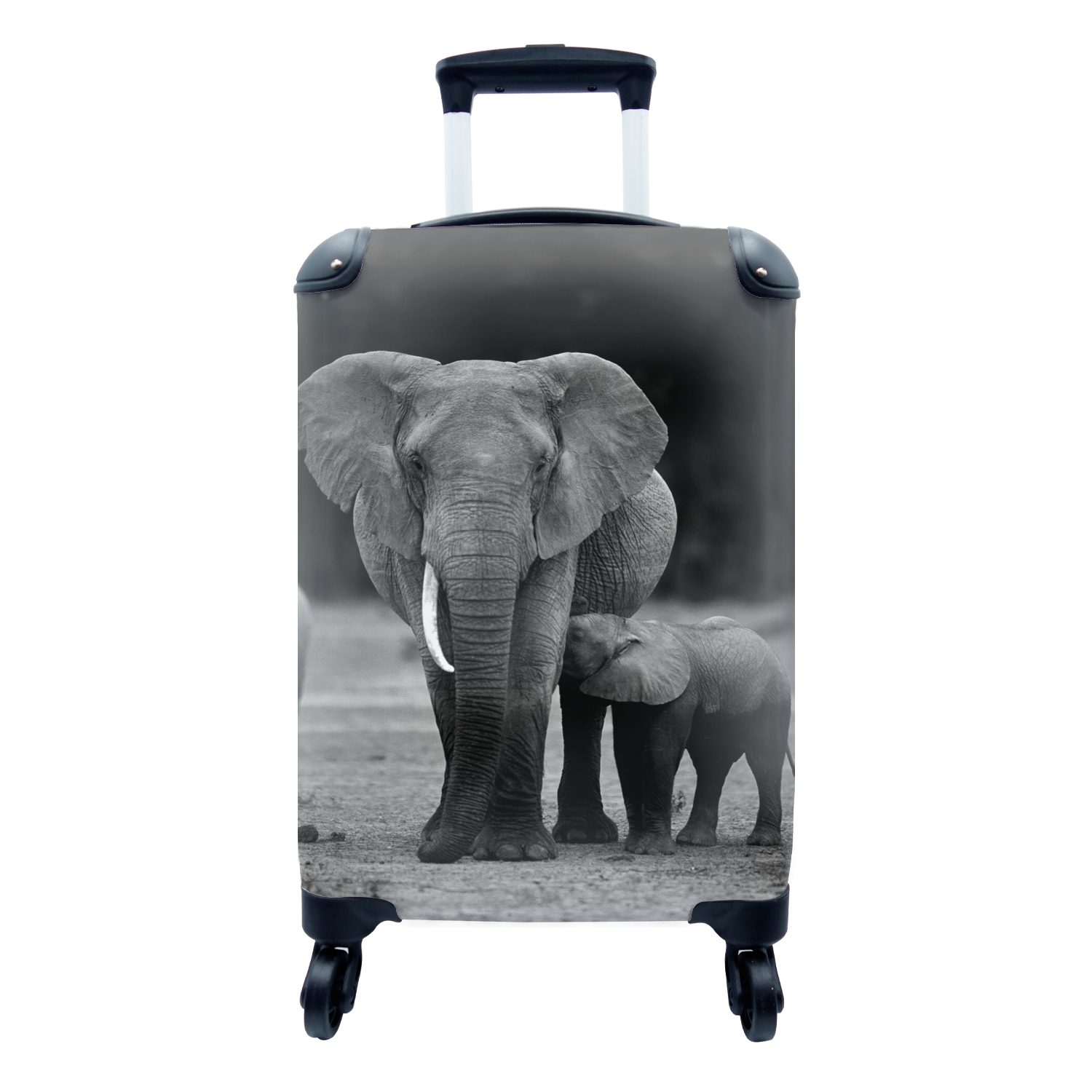 MuchoWow Handgepäckkoffer Elefantenbaby wird von seiner Mutter gefüttert - schwarz und weiß, 4 Rollen, Reisetasche mit rollen, Handgepäck für Ferien, Trolley, Reisekoffer