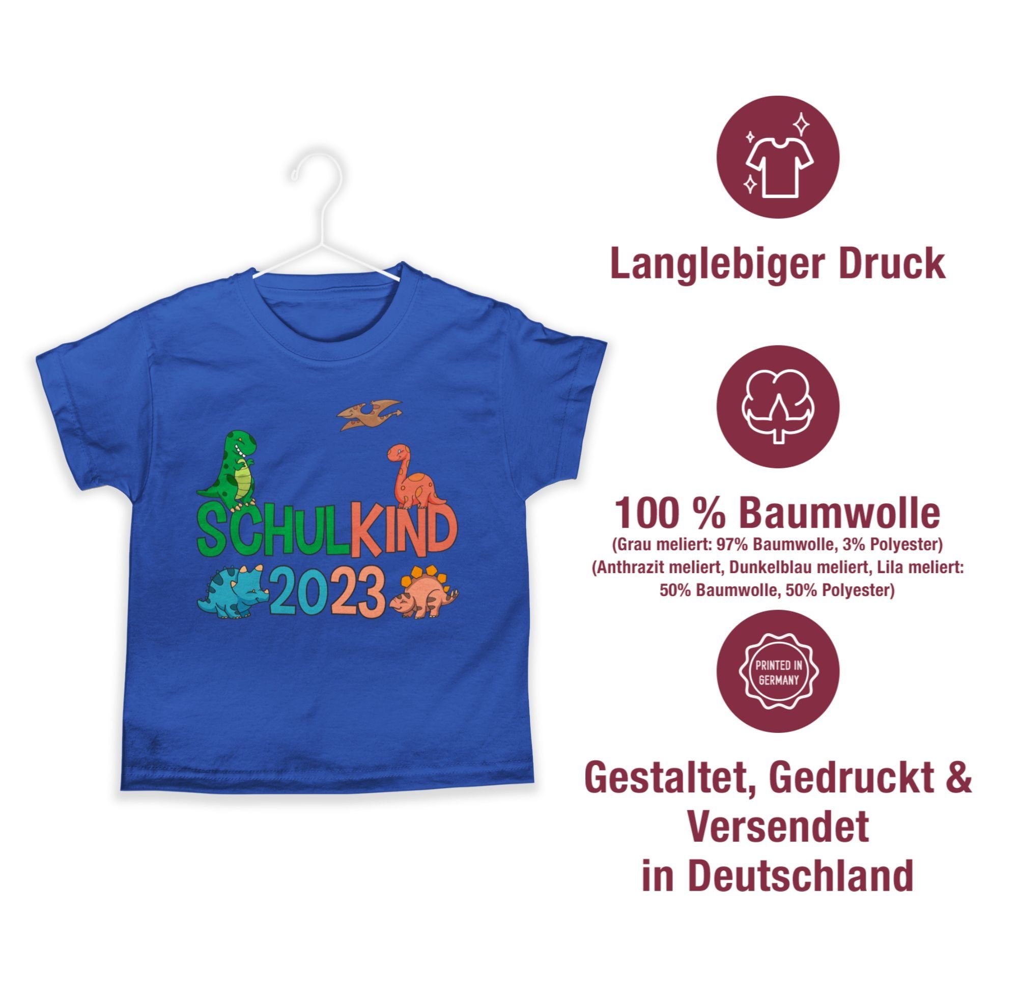 T-Shirt 2023 Einschulung Dinos Shirtracer Schulanfang Geschenke 03 Junge Schulkind Royalblau