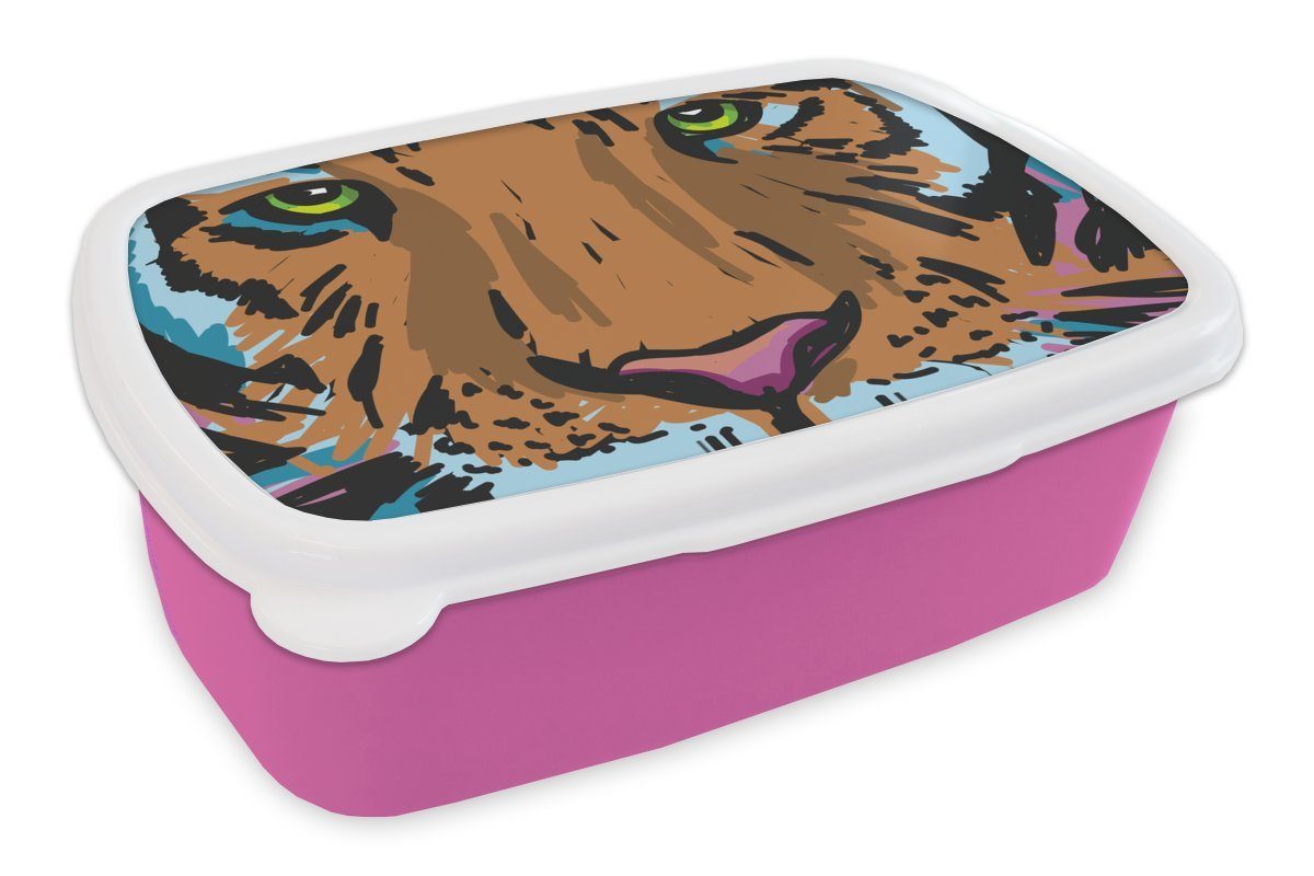 Gemälde, Tiger rosa Erwachsene, (2-tlg), Lunchbox Snackbox, Kinder, Kunststoff - Brotbox für - Brotdose Mädchen, Kunststoff, Kopf MuchoWow