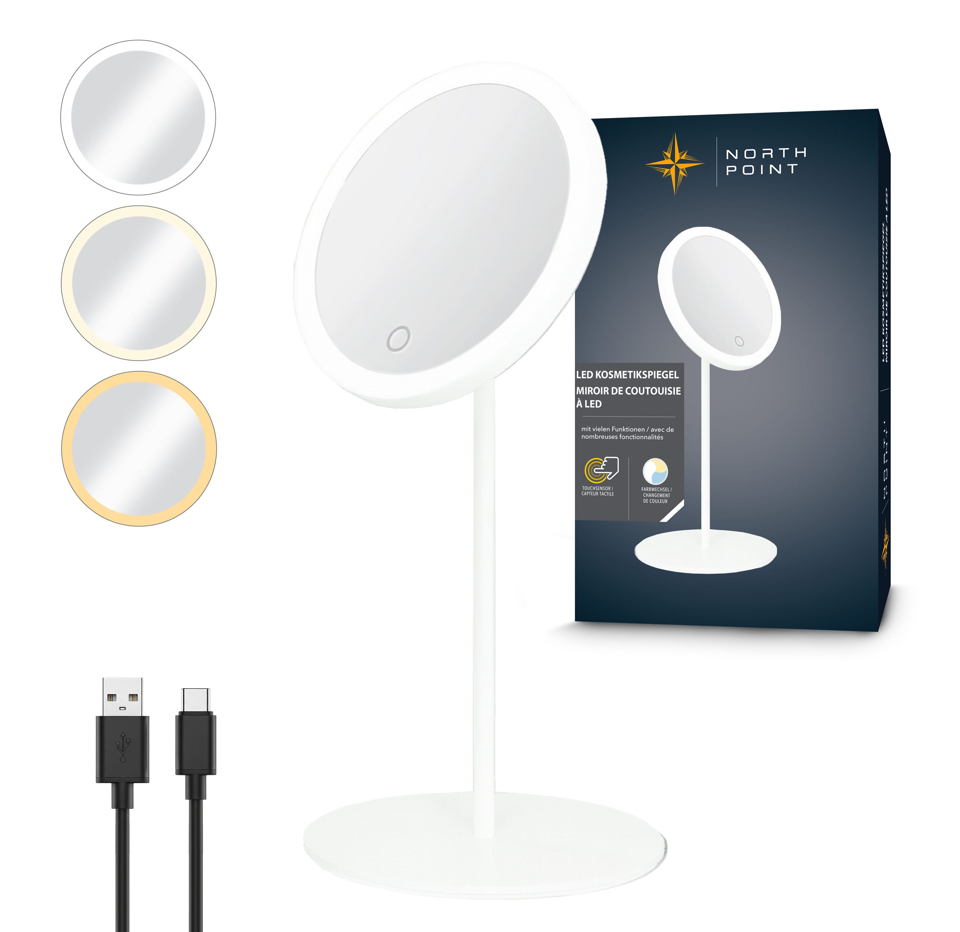Northpoint Kosmetikspiegel LED Akku Spiegel 5-fach 3 Lichtfarben dimmbar Metallgehäuse