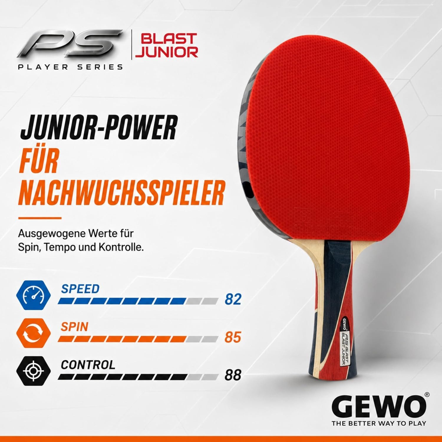 Gewo Tischtennisschläger PS Blast Junior - Jugendliche - ITTF Belag - 1,8mm Schwamm- konkav
