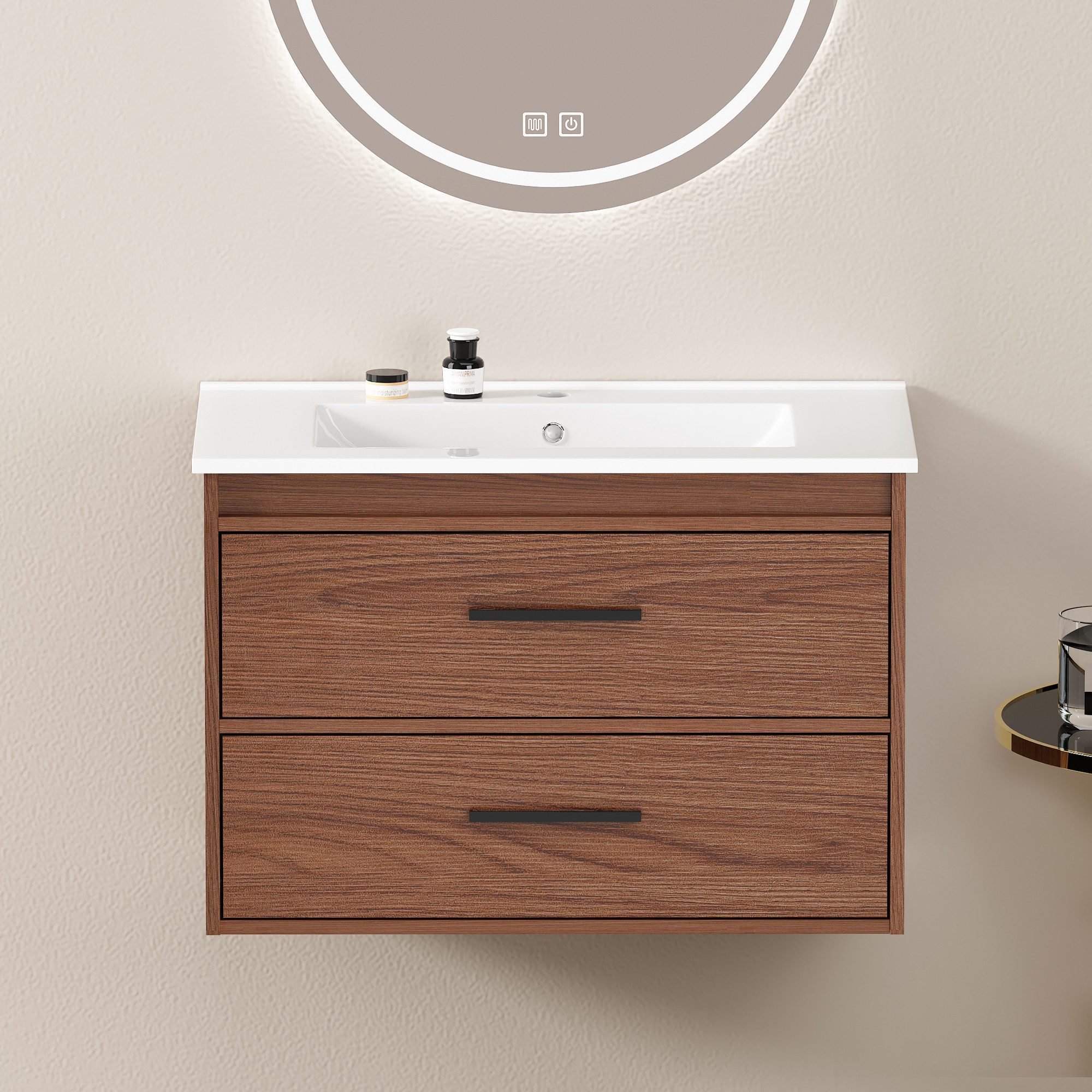KLAM HOME Waschtisch Feuchtfester Badschrank aus MDF in gemütlichem Rotbraun (Badezimmer Stauraschrank 75cm mit zwei leichtlaufenden Schubladen), Klassischer Badmöbel platzsparend für Pflege- und Kosmetikartikel