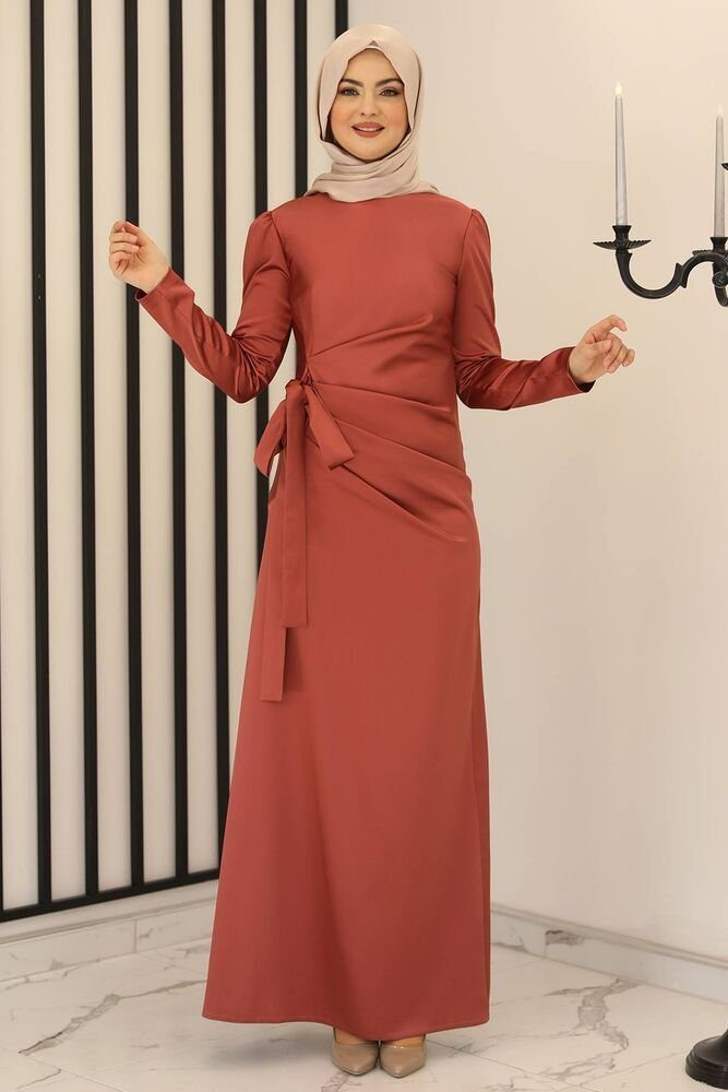 Modavitrini Satinkleid Damen Hijab Abendkleid langärmliges Maxikleid Abiye Abaya mit Schleife Ziegelsteinrot