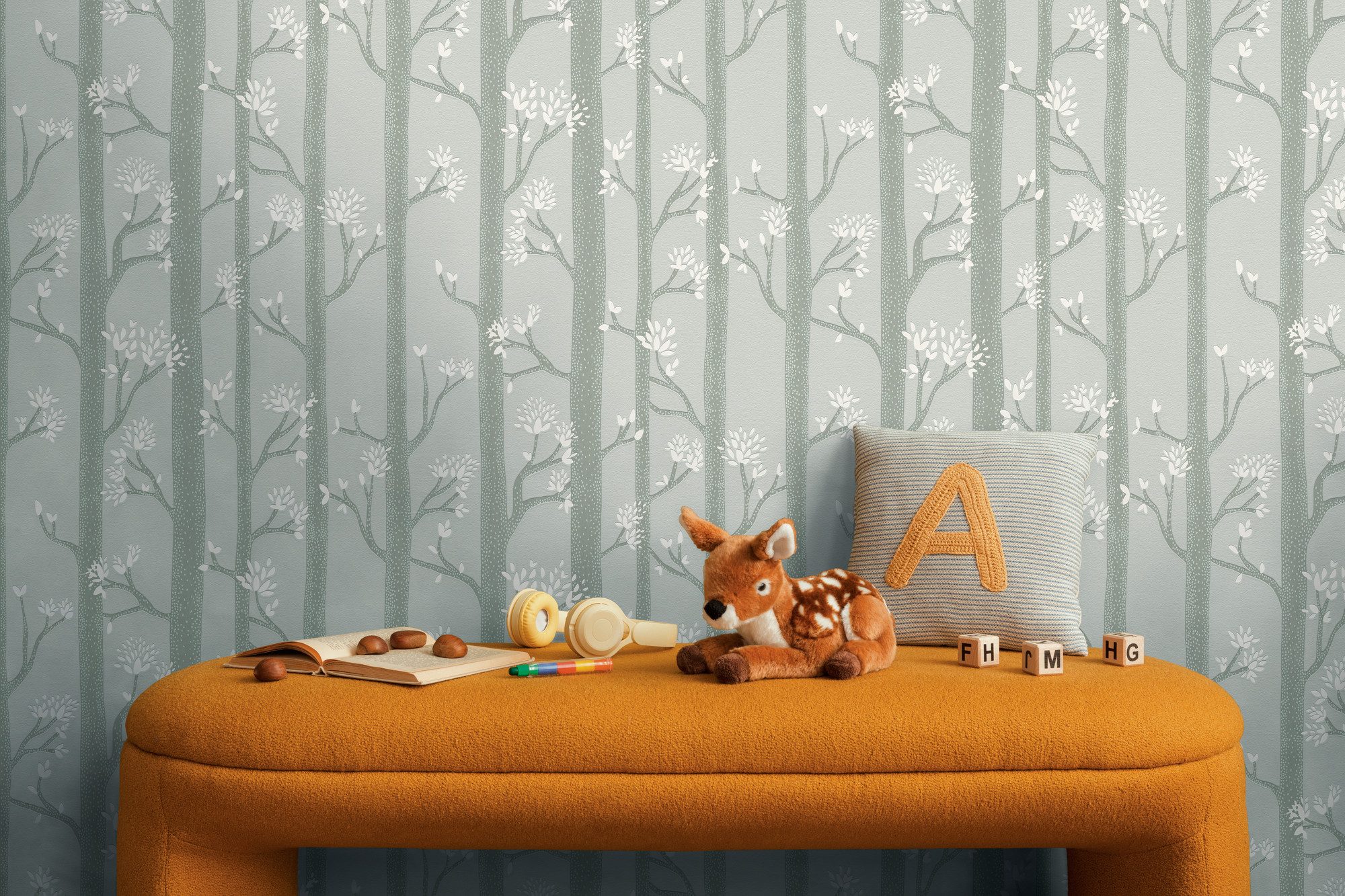 living walls Vliestapete Kids Studio Wald – Baum Vliestapete für Kinder, glatt, leicht glänzend, Wald, grafisch, Stilisiertes Waldmotiv mit Bäumen, Zweigen und feinen Blättern